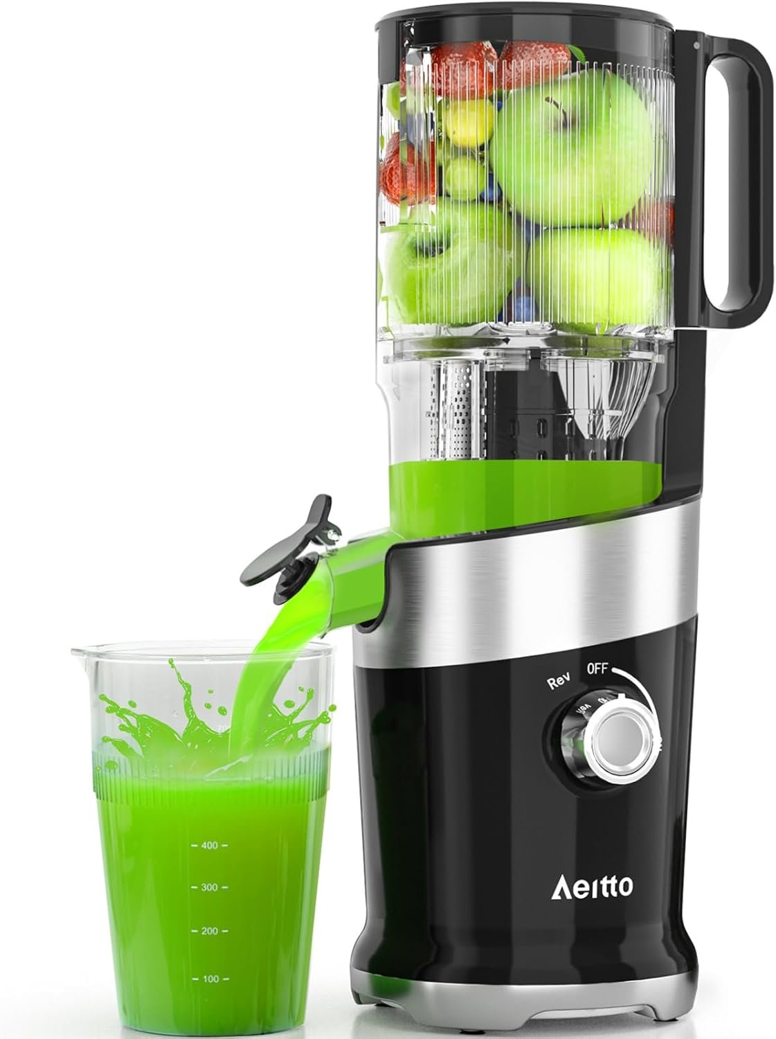 Juicer Machines, Aeitto Cold Press Juicer with 4.9" Large Feed Chute, Masticating Juicer Fits Whole Vegetables and Fruits, Slow Juicer Self Feeding, Easy to Clean, High Juice Yield, Black - Image 2
