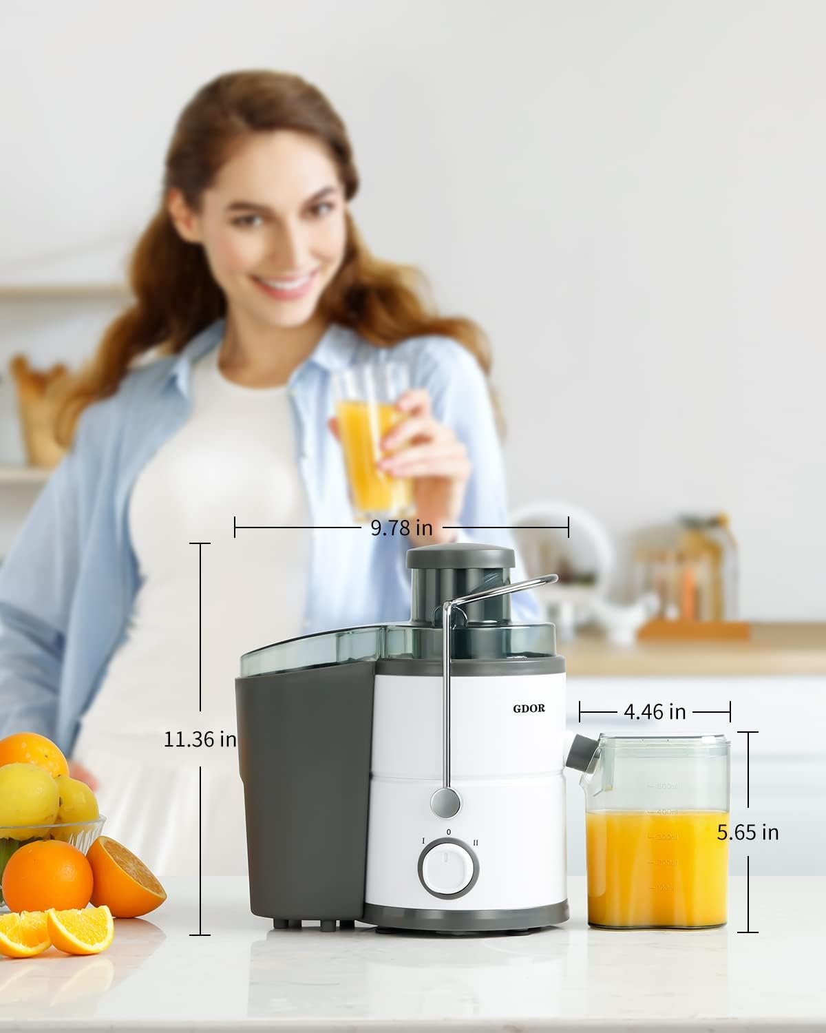 Juicer with 800W Motor, GDOR Juicer Machine with 3” Feed Chute, Dual Speeds Juice Maker for Fruits and Veggies, Anti-Drip Function Centrifugal Juicer, Include Cleaning Brush, BPA-Free, White - Image 8