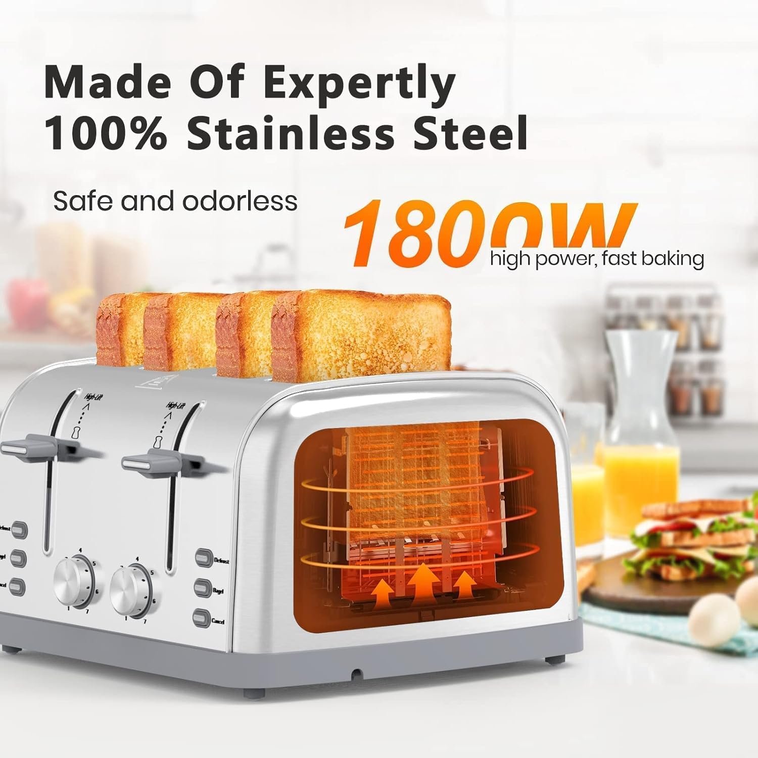 Retro Stainless Steel 4 Slice Toaster T-527 with 7 Shade Settings, Perfect for Waffles, Bagels and More - Image 4