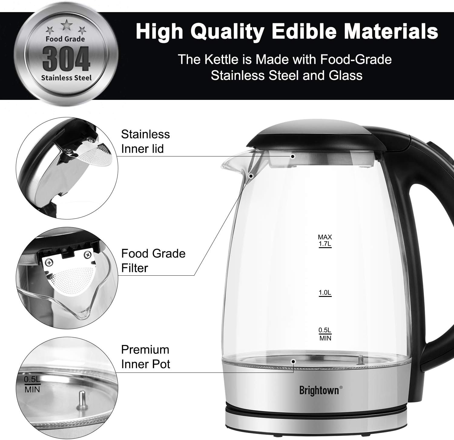 Brightown Electric Kettle, 1.7L, Hot Water Kettle Temperature Control, 4 Presets LED Indicator Lights, Auto Shut-Off, BPA Free, Borosilicate Glass, 1500W Water Boiler for Tea Coffee, Stainless steel - Image 4