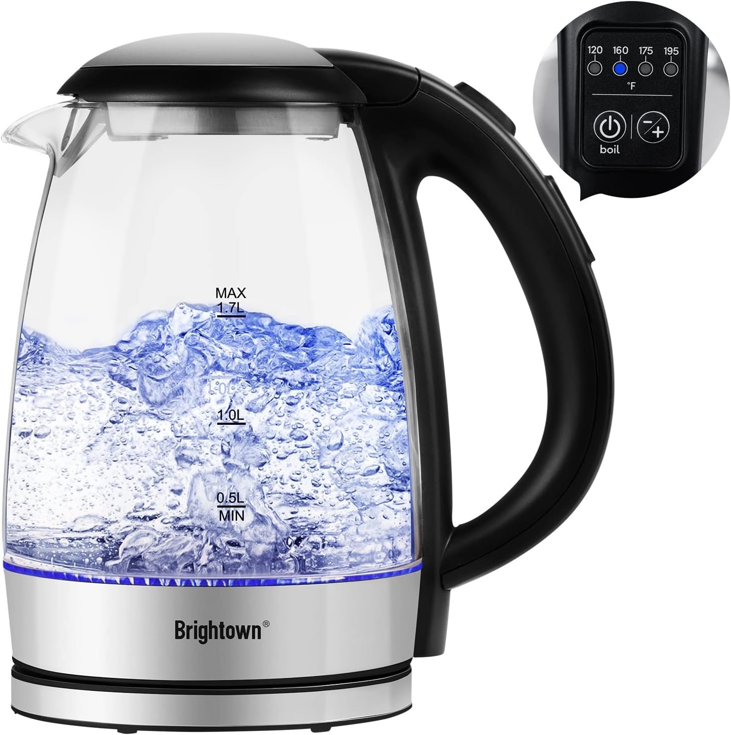 Brightown Electric Kettle, 1.7L, Hot Water Kettle Temperature Control, 4 Presets LED Indicator Lights, Auto Shut-Off, BPA Free, Borosilicate Glass, 1500W Water Boiler for Tea Coffee, Stainless steel - Image 2