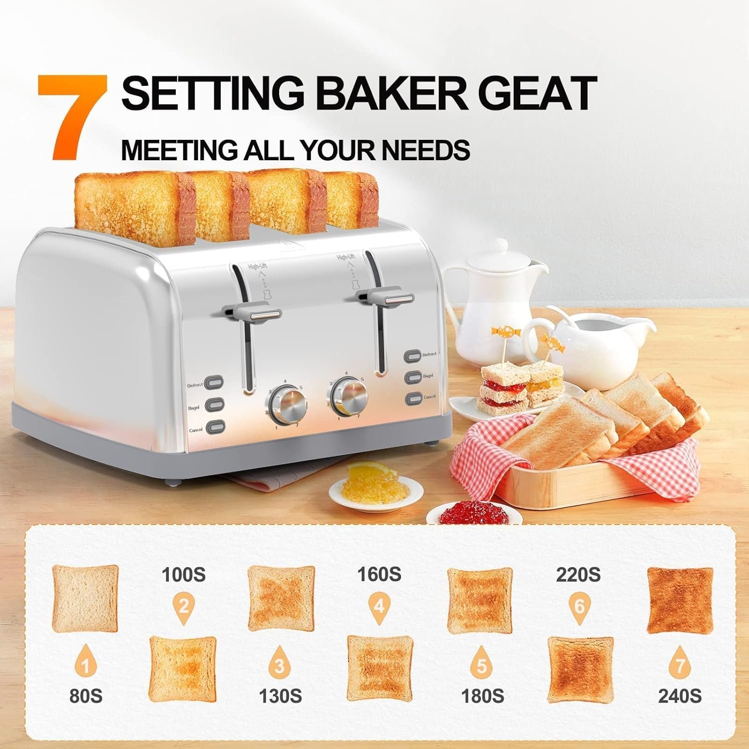 Retro Stainless Steel 4 Slice Toaster T-527 with 7 Shade Settings, Perfect for Waffles, Bagels and More - Image 3