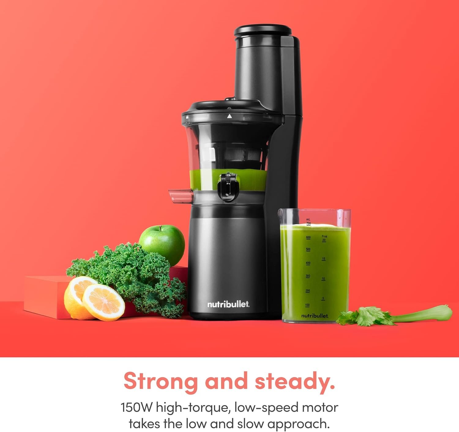 nutribullet Slow Juicer, Slow Masticating Juicer Machine, Easy to Clean, Quiet Motor & Reverse Function, BPA-Free, Cold Press Juicer with Brush, 150 Watts, Charcoal Black, NBJ50300, 24-oz - Image 7