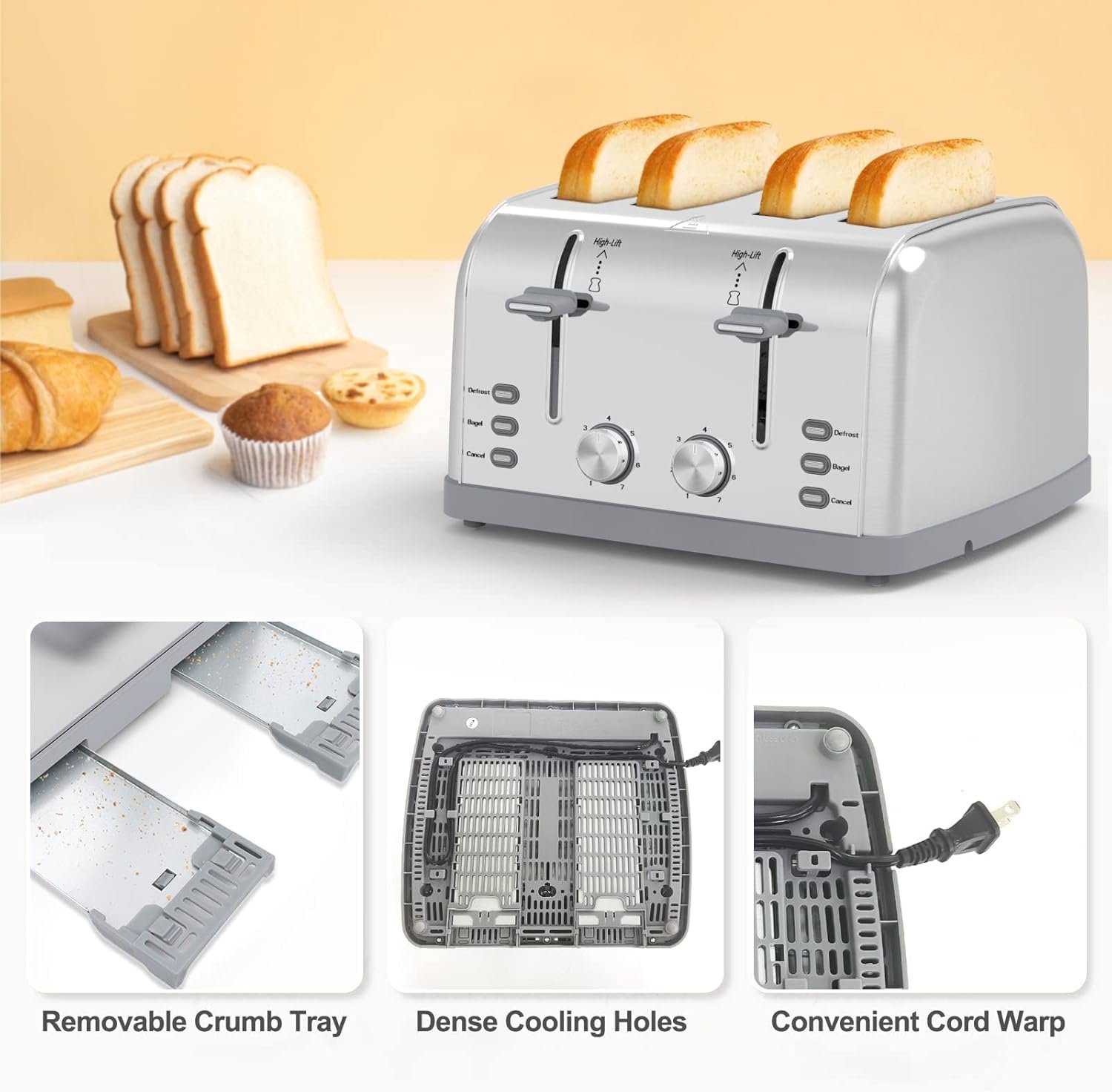 Retro Stainless Steel 4 Slice Toaster T-527 with 7 Shade Settings, Perfect for Waffles, Bagels and More - Image 8
