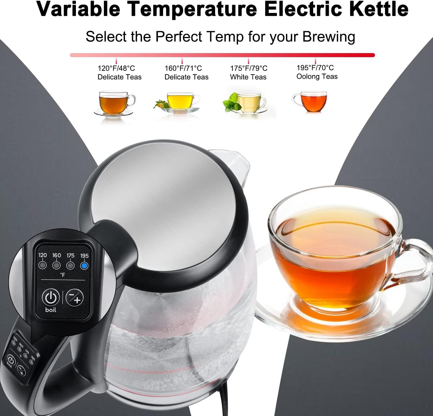 Brightown Electric Kettle, 1.7L, Hot Water Kettle Temperature Control, 4 Presets LED Indicator Lights, Auto Shut-Off, BPA Free, Borosilicate Glass, 1500W Water Boiler for Tea Coffee, Stainless steel - Image 6