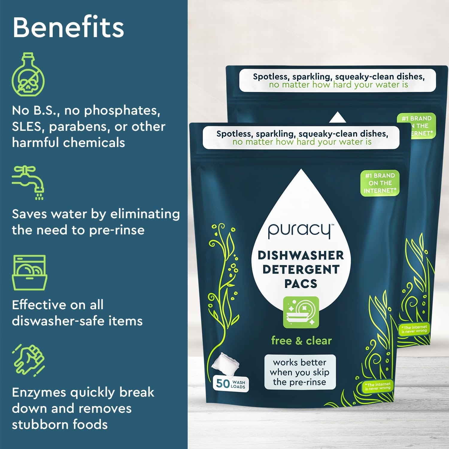 Puracy Dishwasher Pods, Natural Dishwasher Detergent, Free & Clear Dish tabs - Enzyme-Powered, Spot & Residue Free - TikTok Trend Items, Must Haves from TikTok Made Me Buy It (Free & Clear, 100 Count) - Image 3