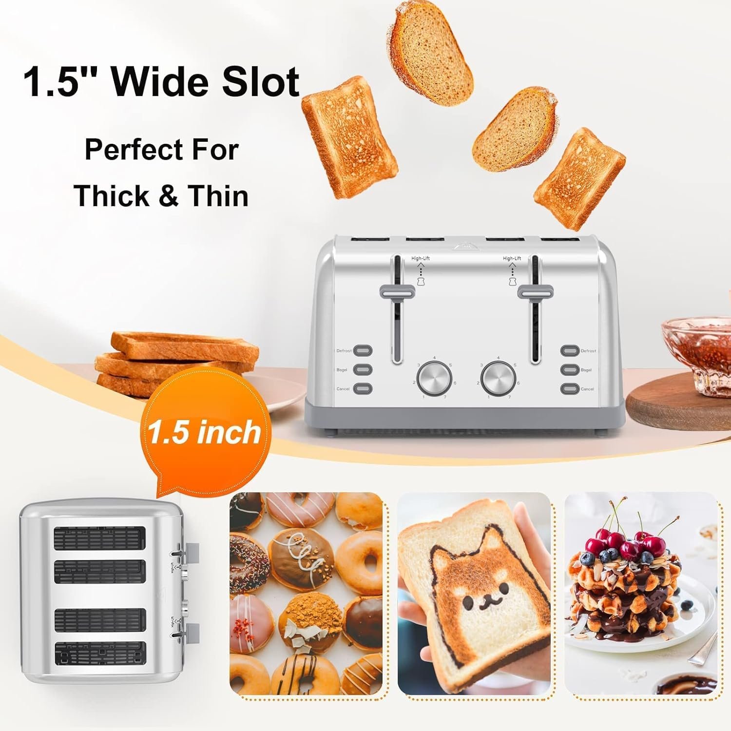 Retro Stainless Steel 4 Slice Toaster T-527 with 7 Shade Settings, Perfect for Waffles, Bagels and More - Image 6