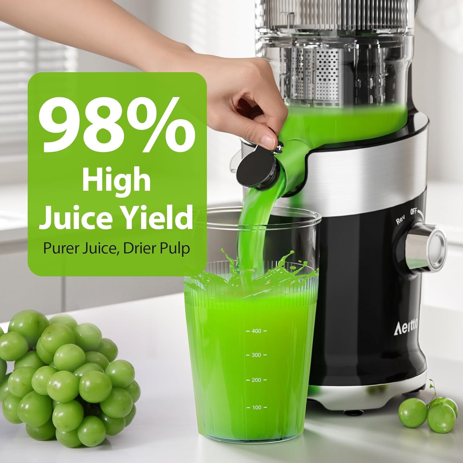 Juicer Machines, Aeitto Cold Press Juicer with 4.9" Large Feed Chute, Masticating Juicer Fits Whole Vegetables and Fruits, Slow Juicer Self Feeding, Easy to Clean, High Juice Yield, Black - Image 3