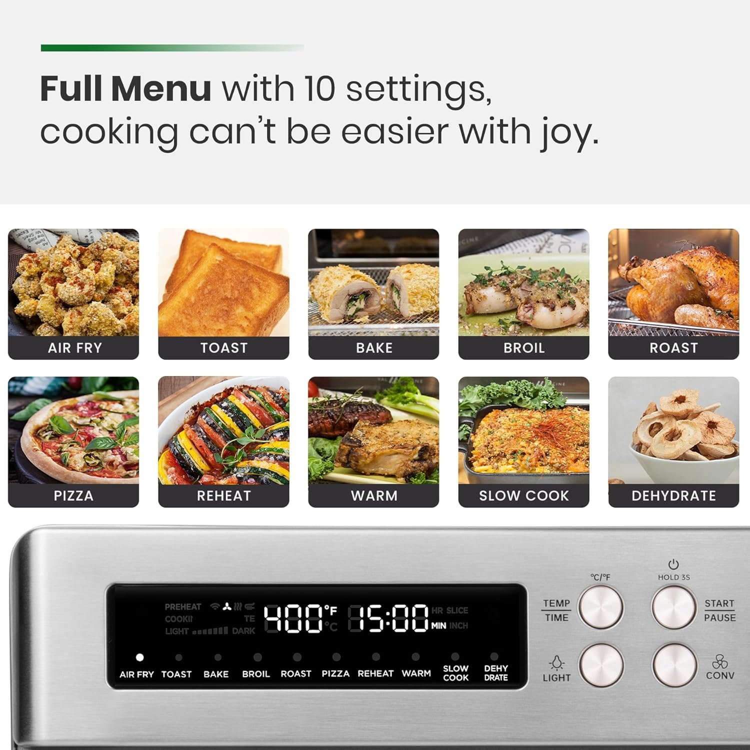 Infrared Heating Air Fryer Toaster Oven, Extra Large Countertop Convection Oven 10-in-1 Combo, 6-Slice Toast, Enamel Baking Pan Easy Clean with Recipe Book, Brushed Stainless Steel Finish - Image 8