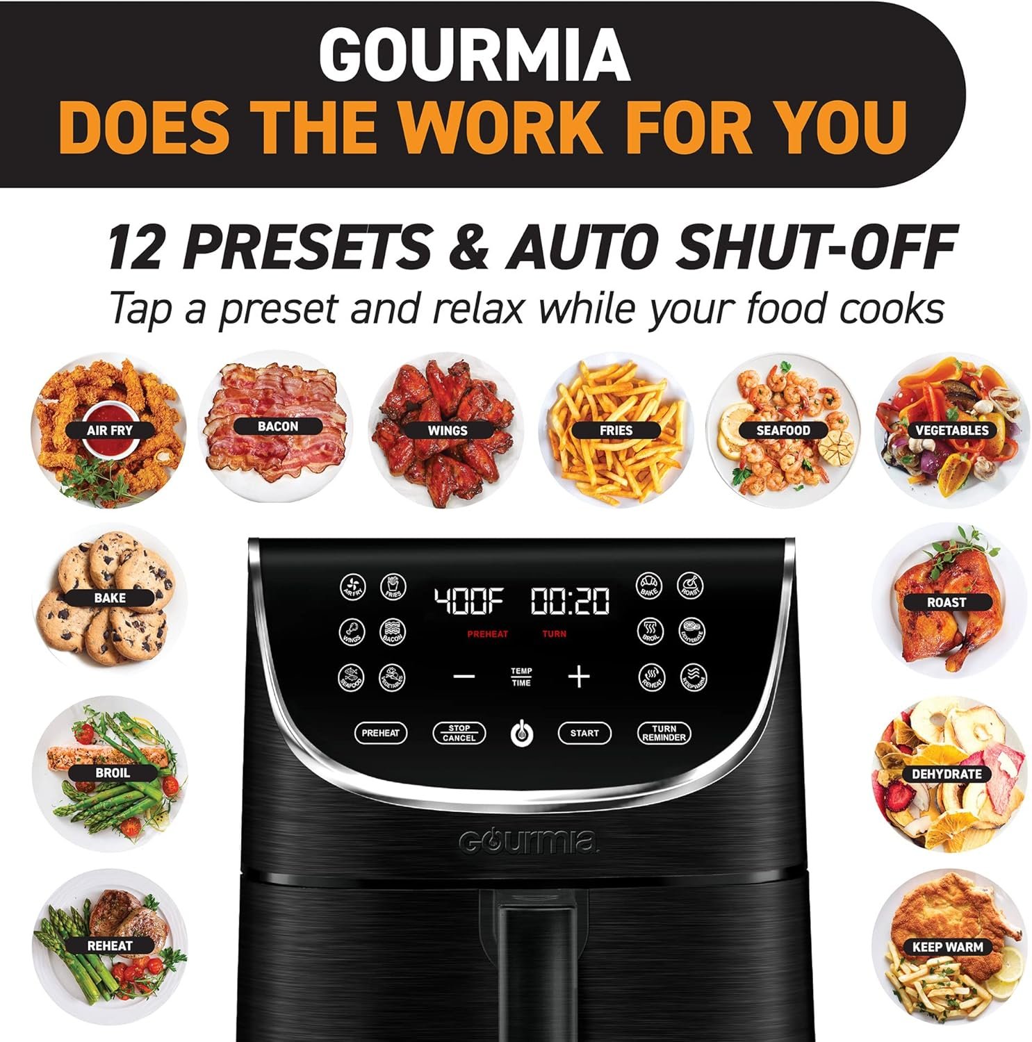 Gourmia Air Fryer Oven Digital Display 7 Quart Large AirFryer Cooker 12 Touch Cooking Presets, XL Air Fryer Basket 1700w Power Multifunction GAF716 Black and Stainless Steel Accents FRY FORCE 360° - Image 7