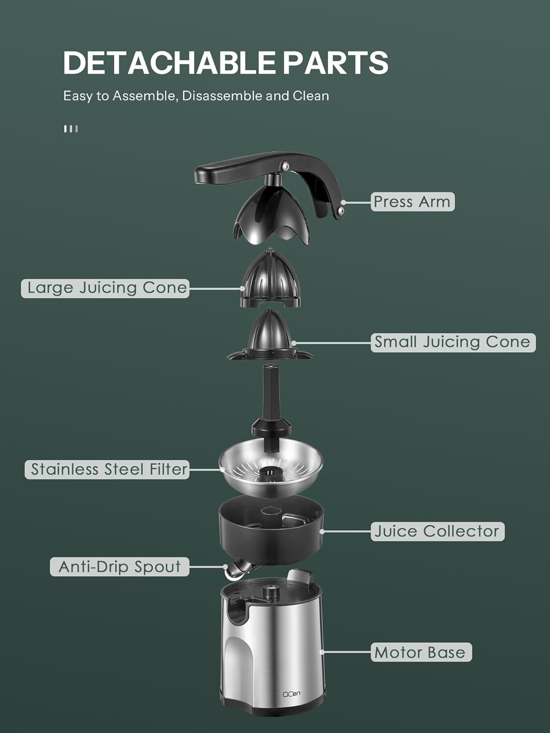 Professional Brushed Stainless Steel Electric Citrus Juicer, 2 Interchangeable Cones for Orange, Lemon & Grapefruit, Easy Clean, Durable Design & Effortless Operation - Image 7