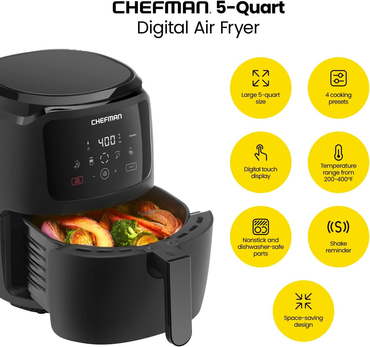Chefman Digital Air Fryer, Large 5 Qt Family Size, One Touch Digital Control Presets, French Fries, Chicken, Meat, Fish, Nonstick Dishwasher-Safe Parts, Automatic Shutoff, Black - Image 3