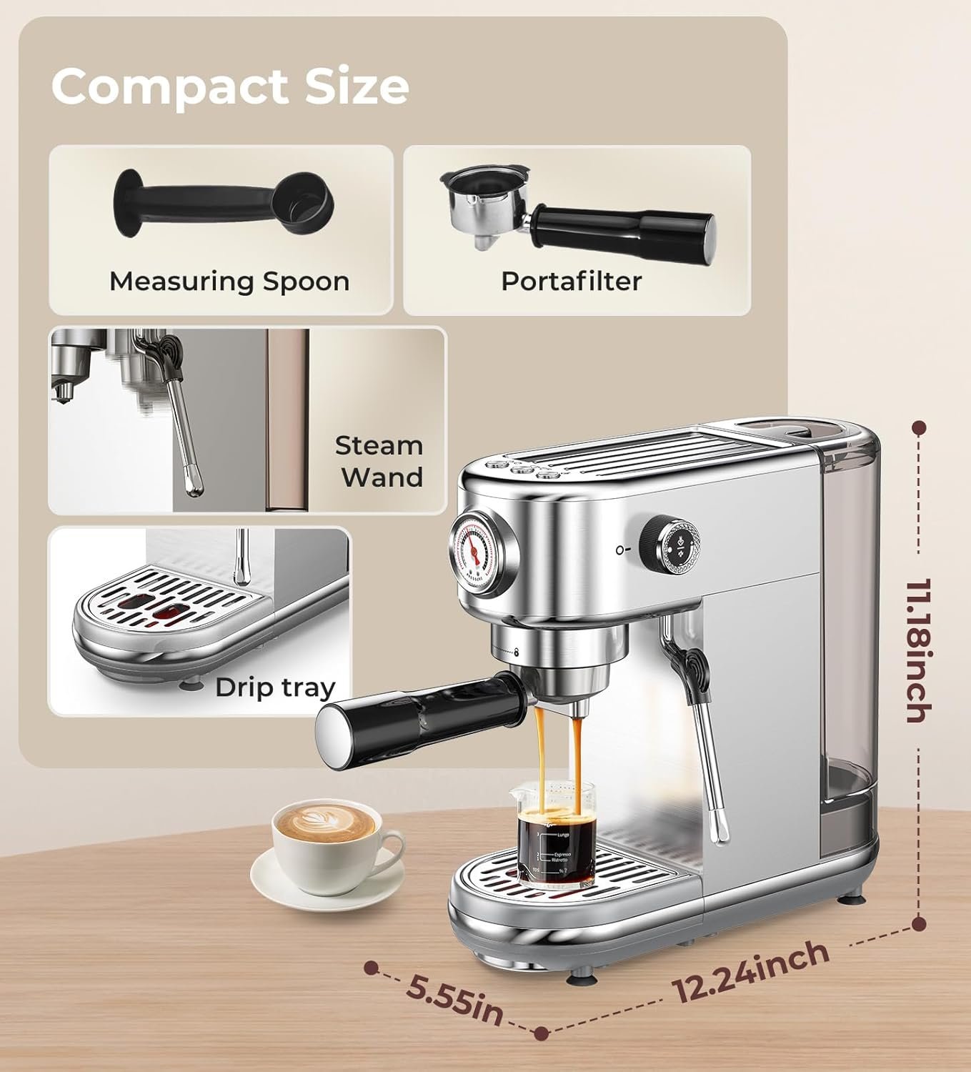 Espresso Machine with Milk Frother, 20 Bar High Pressure Professional Espresso Maker Automatic, Compact Stainless Steel Coffee Machine for Cappuccino, Latte, Gift for Coffee Lover, Silver - Image 10