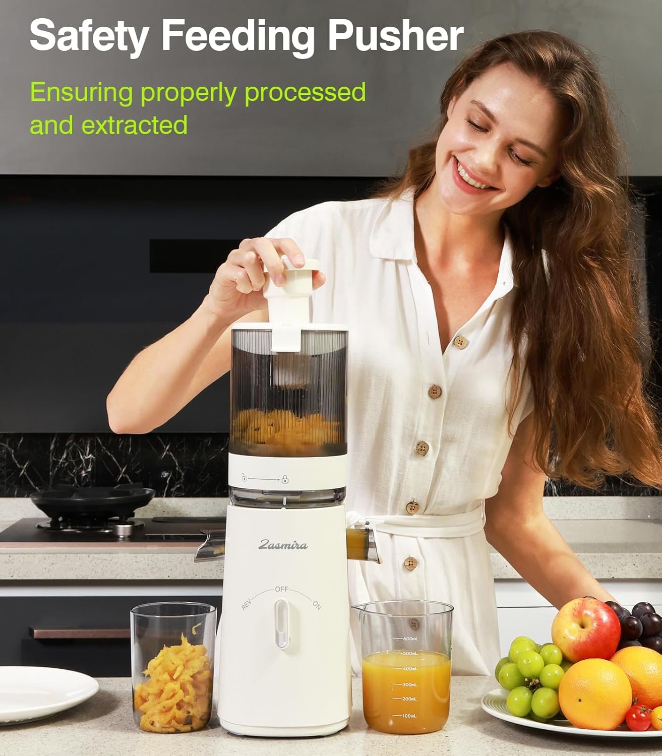 Juicer Machines, Zasmira Cold Press Juicer with 5" Large Feed Chute for Whole Vegetables and Fruits, High Juice Yield Juice Extractor with Powerful Quiet Motor, Easy to Clean, White - Image 6