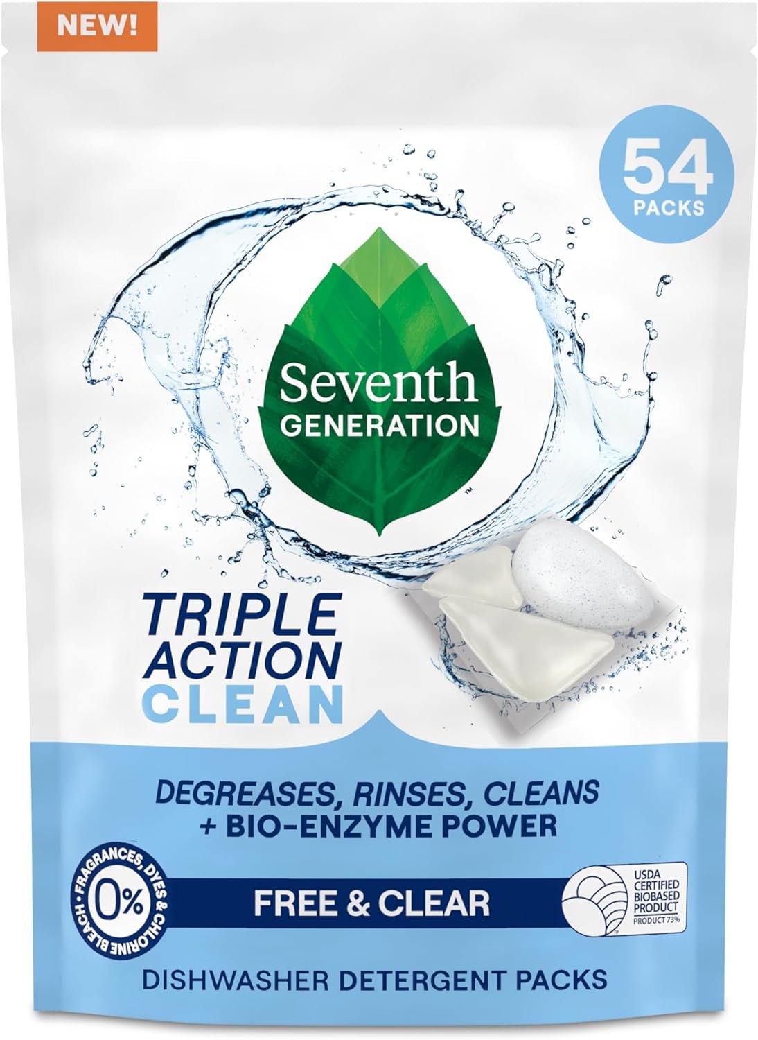 Seventh Generation Triple Action Clean Automatic Dishwasher Detergent Packs with Bio-Enzyme Power, Free & Clear, Fights 48-hour Stuck-on Food, 54 count - Image 2