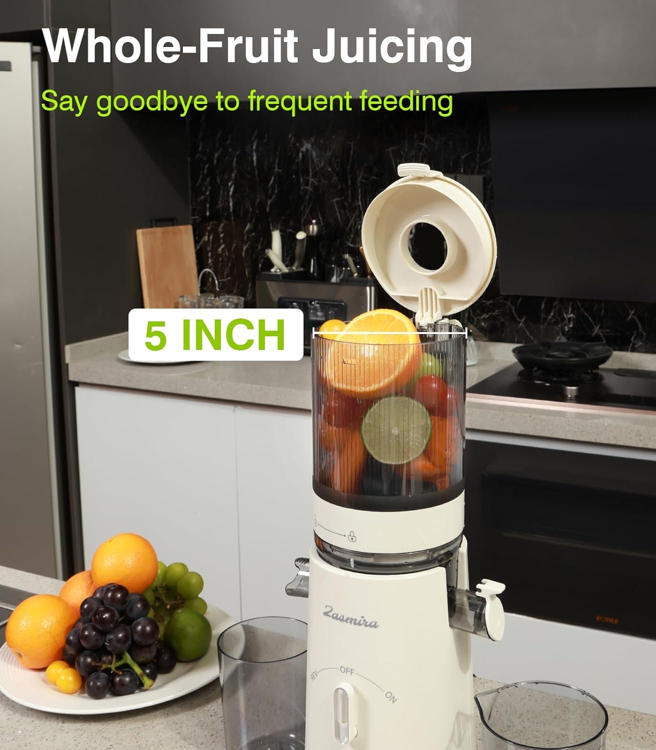 Juicer Machines, Zasmira Cold Press Juicer with 5" Large Feed Chute for Whole Vegetables and Fruits, High Juice Yield Juice Extractor with Powerful Quiet Motor, Easy to Clean, White - Image 3