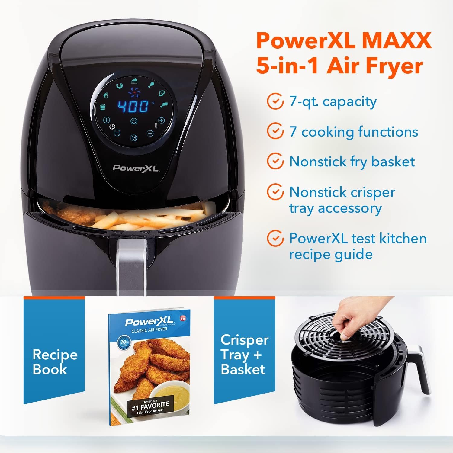 PowerXL Air Fryer 7 QT Maxx Classic, Extra Hot Air Fry, Cook, Crisp, Broil, Roast, Bake, High Gloss Finish, Nonstick, Black - Image 3