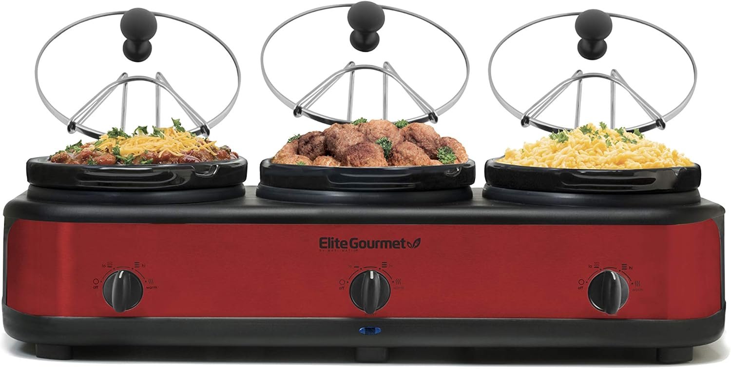 Elite Gourmet EWMST-325R Maxi-Matic Triple Slow Cooker Buffet Server Adjustable Temp Dishwasher-Safe Oval Ceramic Pots, Lid Rests, 3 x 2.5 Qt Capacity, Red - Image 2