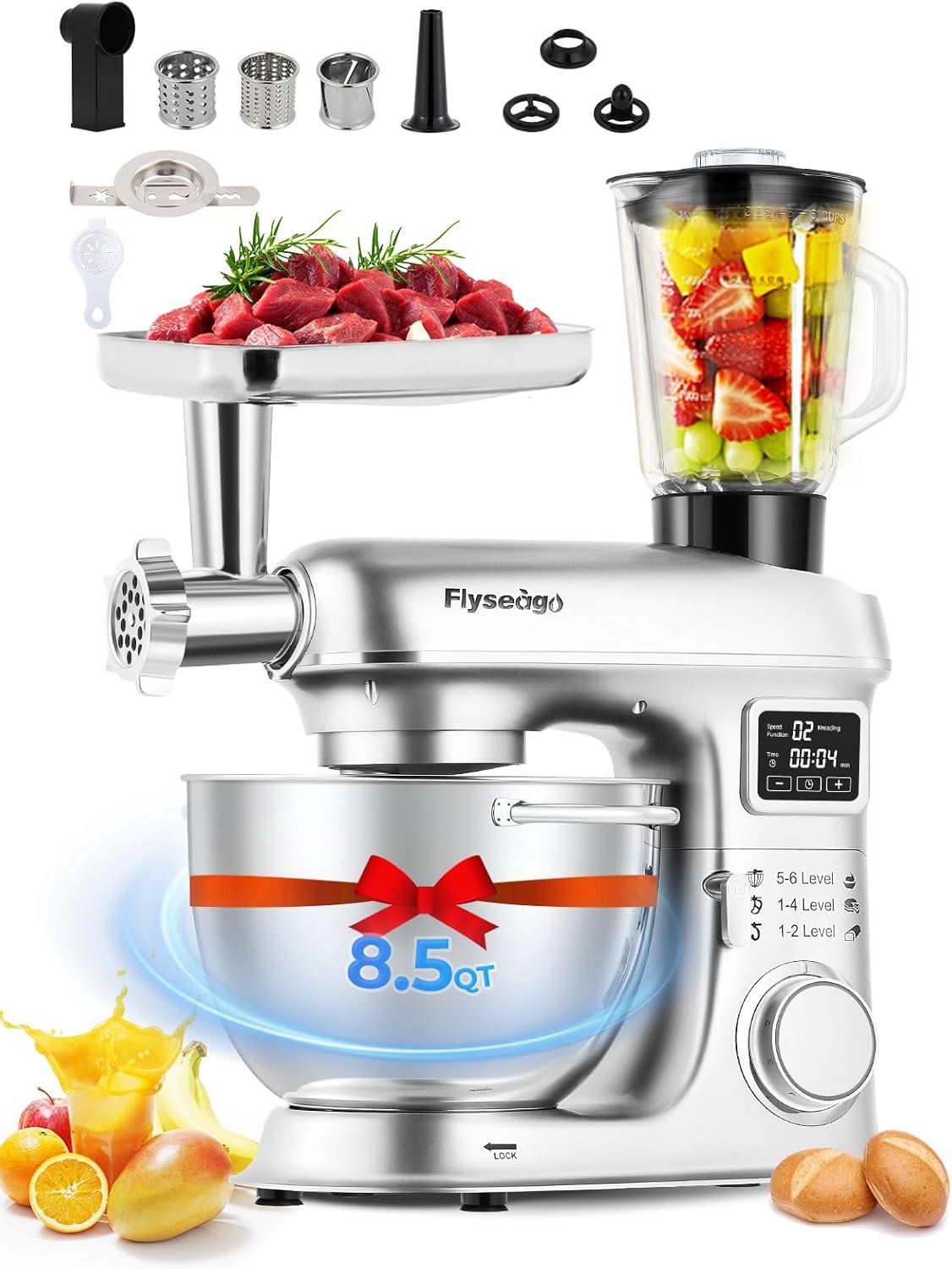 Stand Mixer 8-IN-1 8.5 Qt 2000W Multifunctional Fermentation Electric Kitchen Mixer 6 Speed Tilt-Head with Stainless Steel Bowl, 1.5L Glass Jar Meat Grinder Dough Hook Whisk Pasta Attachment - Image 2