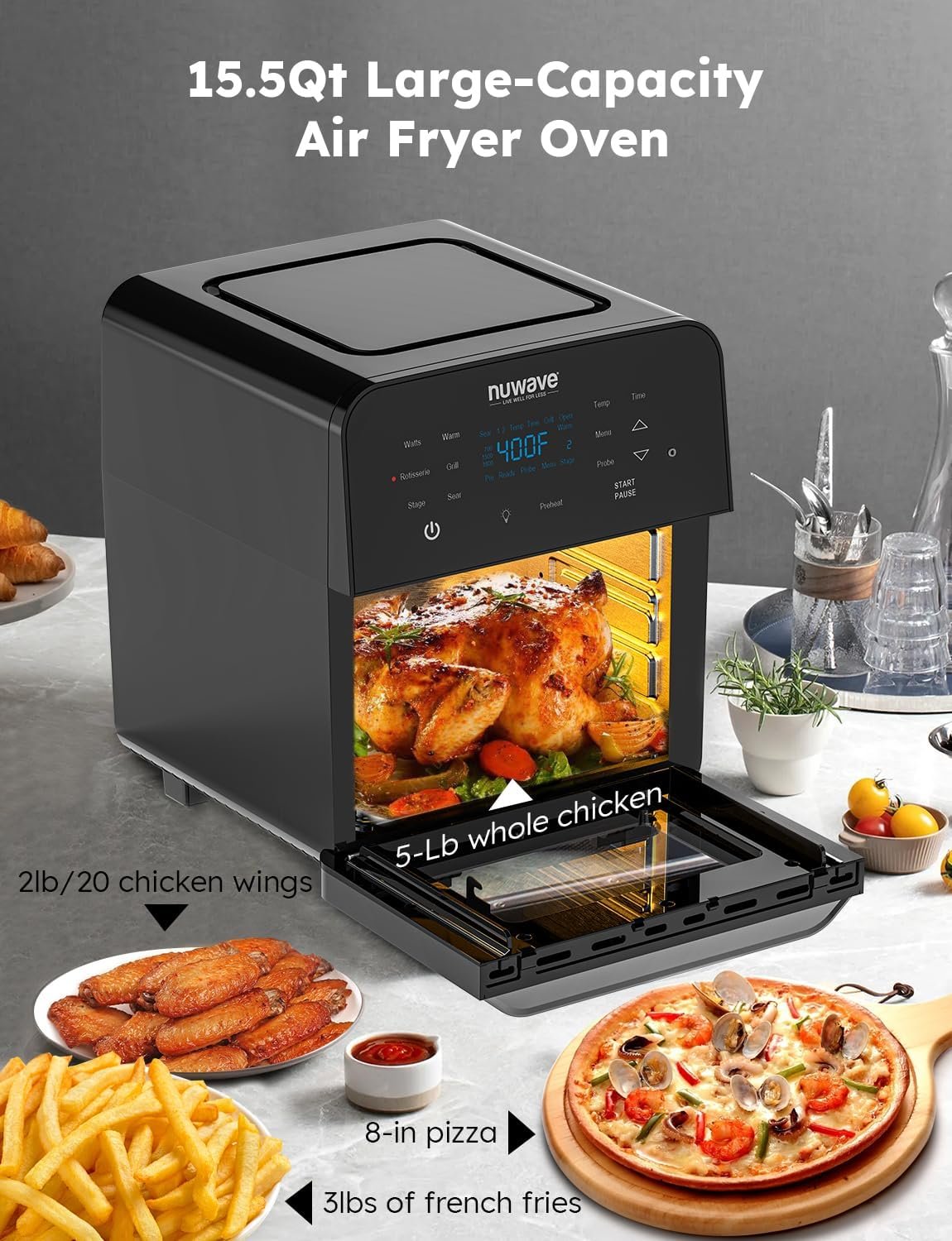 Nuwave Brio 15.5Qt Air Fryer Rotisserie Oven, X-Large Family Size, Powerful 1800W, 4 Rack Positions, 50°-425°F Temp Controls, 100 Presets & 50 Memory, Integrated Smart Thermometer, Linear T Technology - Image 6