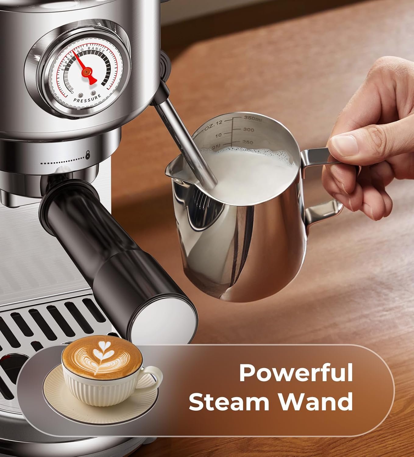 Espresso Machine with Milk Frother, 20 Bar High Pressure Professional Espresso Maker Automatic, Compact Stainless Steel Coffee Machine for Cappuccino, Latte, Gift for Coffee Lover, Silver - Image 7