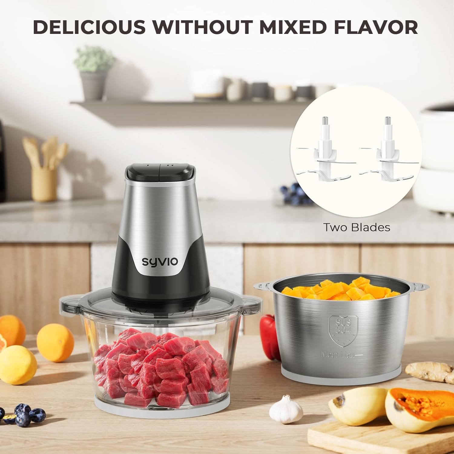 Syvio Food Processors with 2 Bowls, Meat Grinder 4 Bi-Level Blades, Mini Electric Food Chopper 450W, for Baby Food, Meat, Onion, Vegetables, 2 Speed, 8 Cup and 8 Cup - Image 3