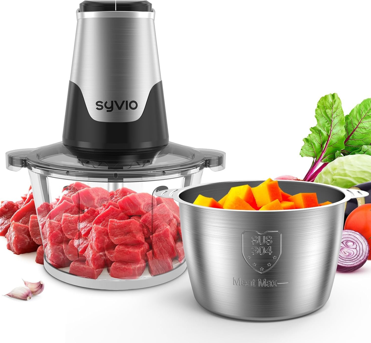 Syvio Food Processors with 2 Bowls, Meat Grinder 4 Bi-Level Blades, Mini Electric Food Chopper 450W, for Baby Food, Meat, Onion, Vegetables, 2 Speed, 8 Cup and 8 Cup - Image 10