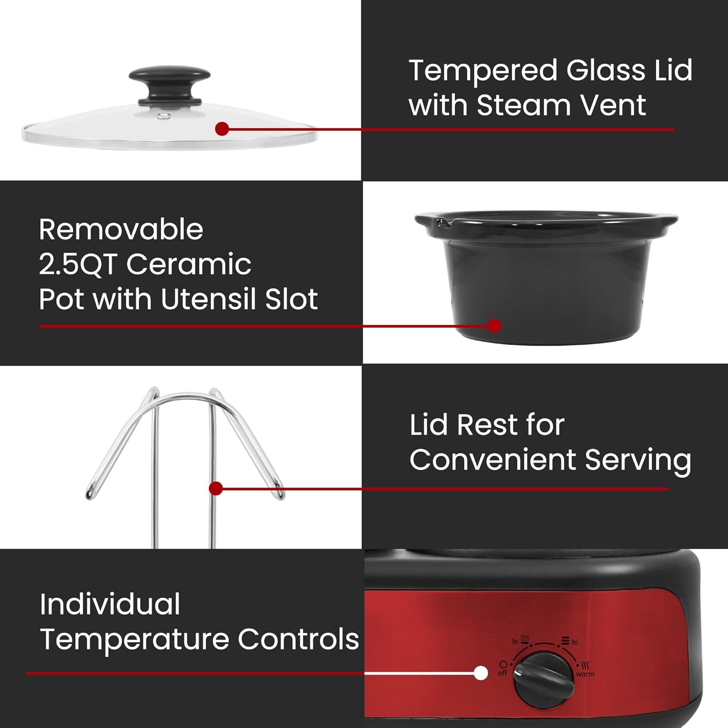 Elite Gourmet EWMST-325R Maxi-Matic Triple Slow Cooker Buffet Server Adjustable Temp Dishwasher-Safe Oval Ceramic Pots, Lid Rests, 3 x 2.5 Qt Capacity, Red - Image 4