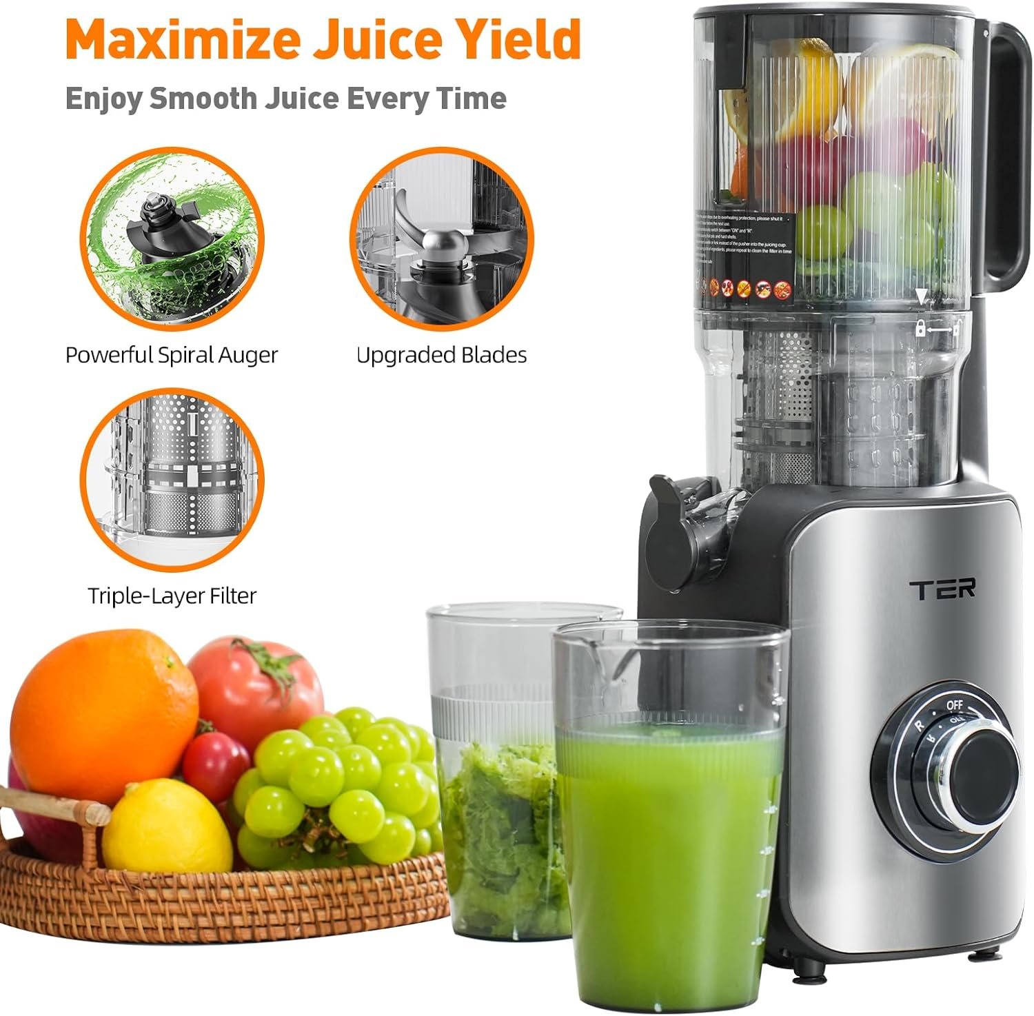 Juicer Machine, Cold Press Juicer with 4.8" Wide Chute, Slow Masticating for Whole Vegetables & Fruits - Image 5
