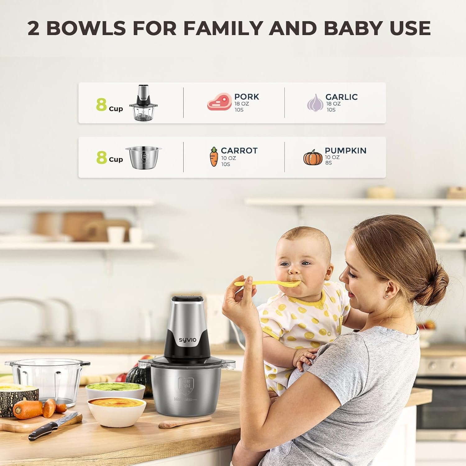 Syvio Food Processors with 2 Bowls, Meat Grinder 4 Bi-Level Blades, Mini Electric Food Chopper 450W, for Baby Food, Meat, Onion, Vegetables, 2 Speed, 8 Cup and 8 Cup - Image 4