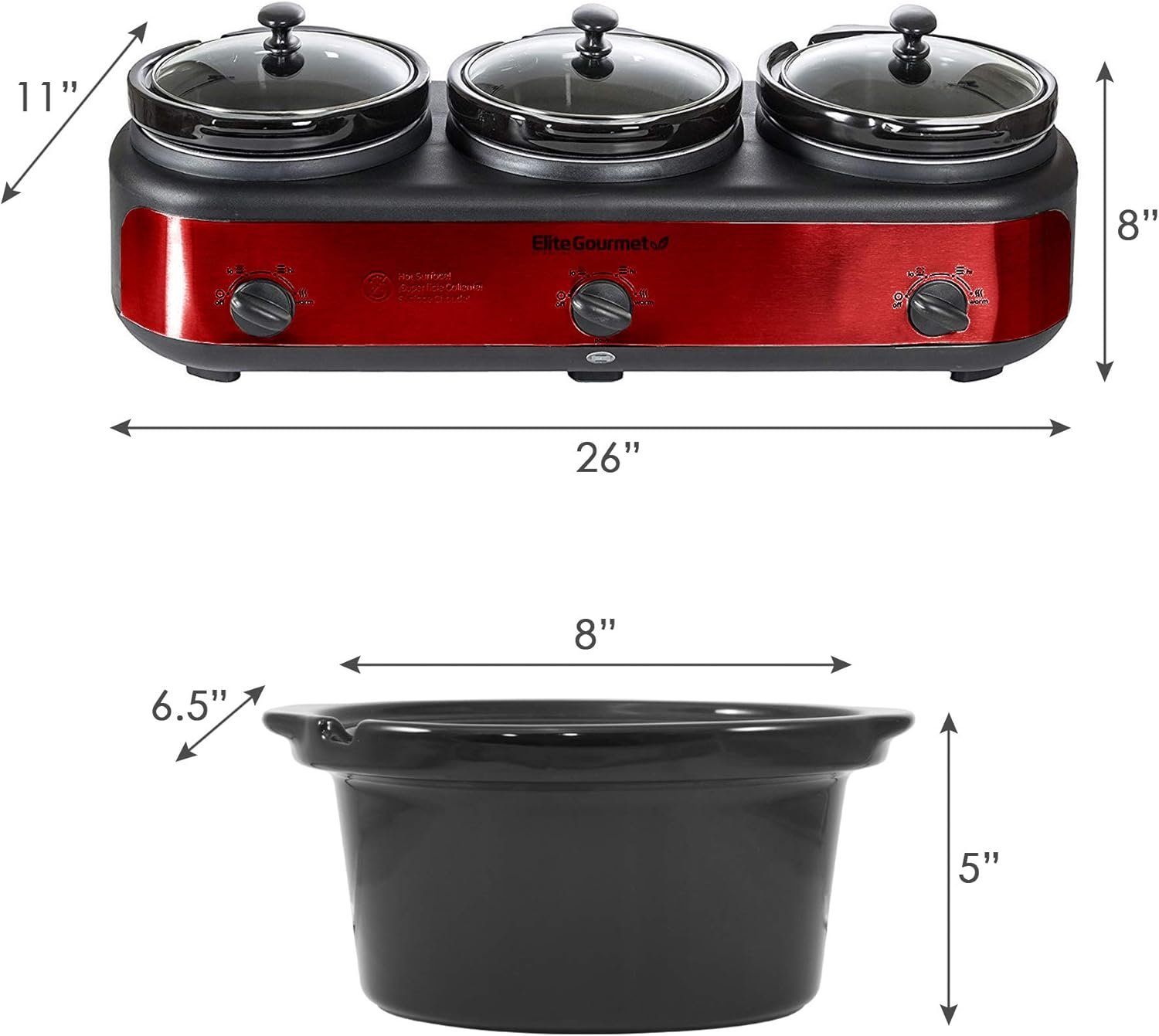 Elite Gourmet EWMST-325R Maxi-Matic Triple Slow Cooker Buffet Server Adjustable Temp Dishwasher-Safe Oval Ceramic Pots, Lid Rests, 3 x 2.5 Qt Capacity, Red - Image 5