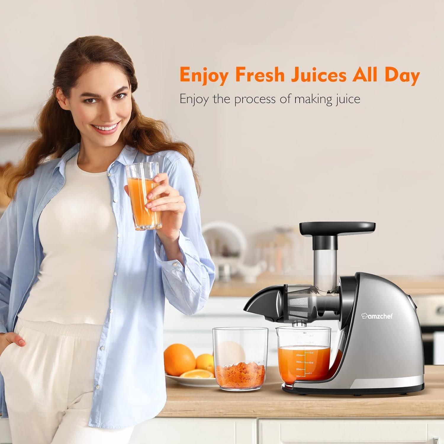 Juicer Machines, AMZCHEF Slow Cold Press Juicers with Reverse Function, High Juice Yield, Easy Clean with Brush, Recipes for High Nutrient Fruits and Vegetables, Gray(Updated) - Image 3