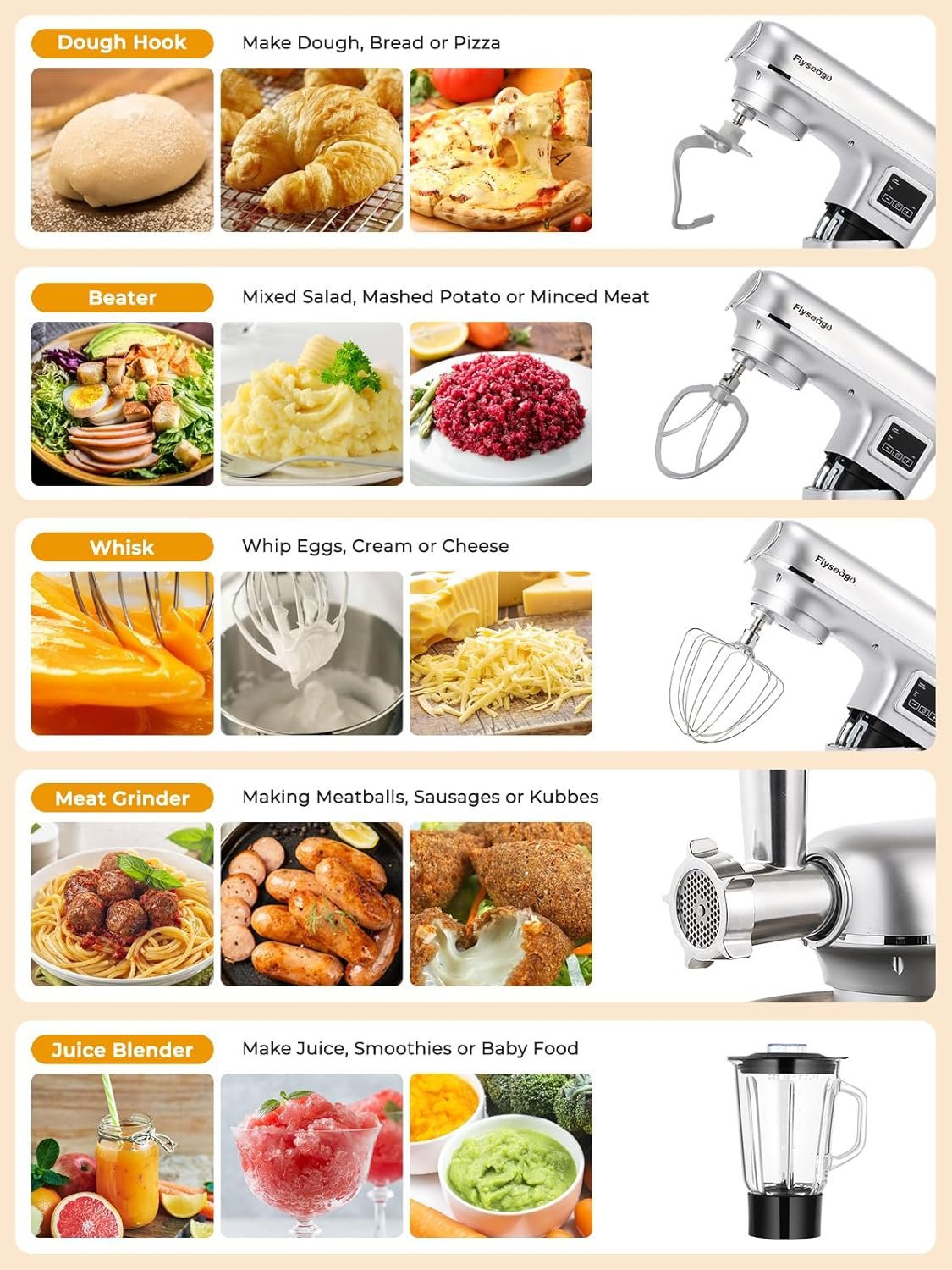 Stand Mixer 8-IN-1 8.5 Qt 2000W Multifunctional Fermentation Electric Kitchen Mixer 6 Speed Tilt-Head with Stainless Steel Bowl, 1.5L Glass Jar Meat Grinder Dough Hook Whisk Pasta Attachment - Image 3