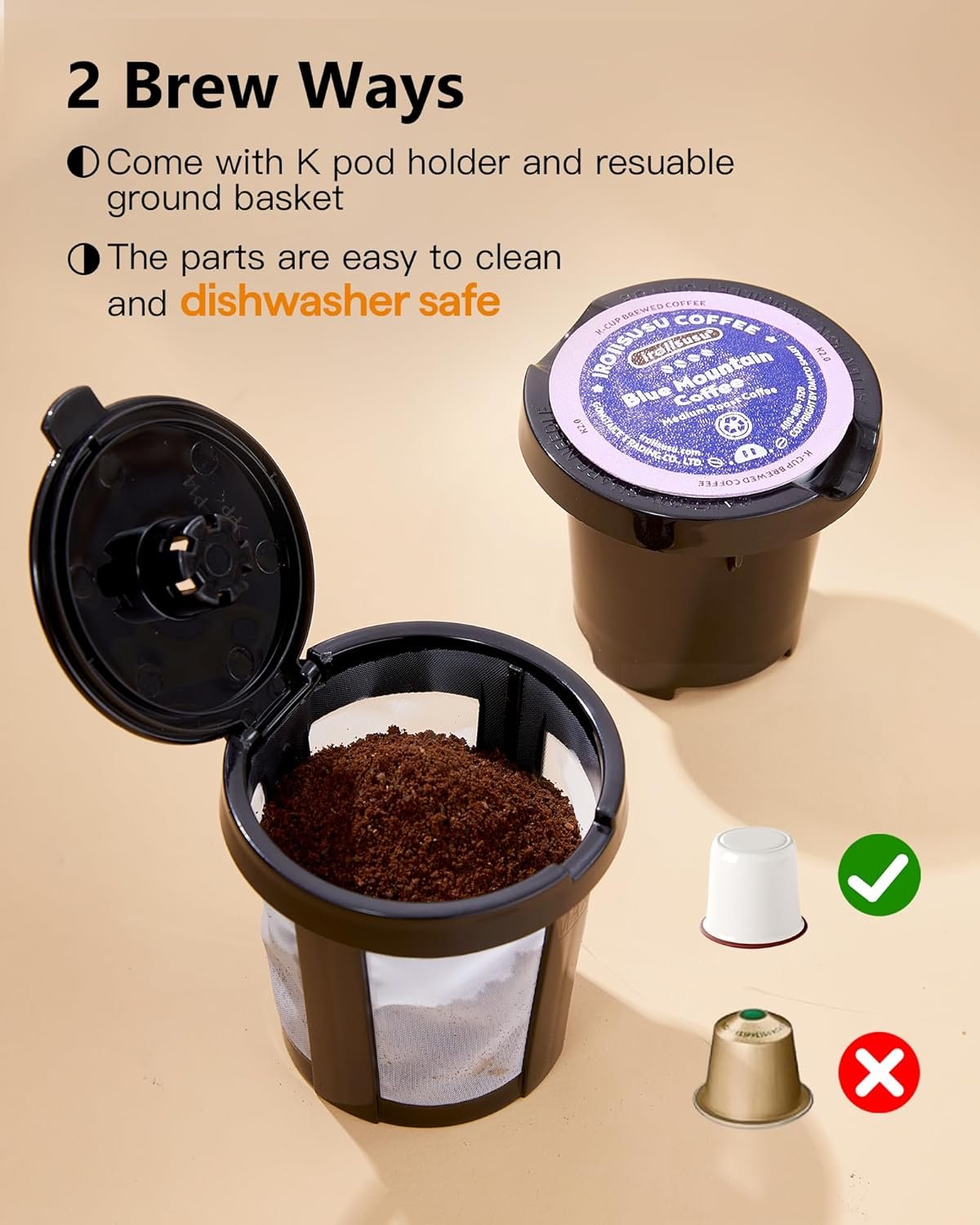 Single Serve One Cup Coffee Maker, for K Cups and Grounds, Mini Coffee Maker with Portable Handle, 6 to 12 Oz Brew Size, for Travel, Camping, Office, RV and Dorm, Black and Gold - Image 3
