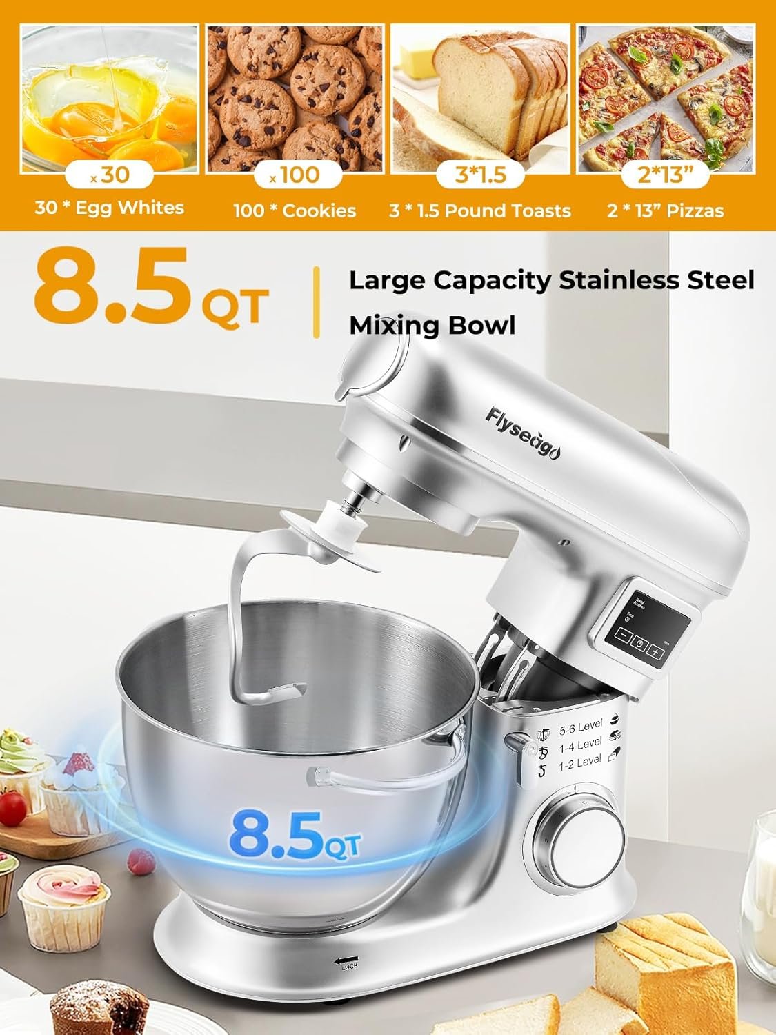 Stand Mixer 8-IN-1 8.5 Qt 2000W Multifunctional Fermentation Electric Kitchen Mixer 6 Speed Tilt-Head with Stainless Steel Bowl, 1.5L Glass Jar Meat Grinder Dough Hook Whisk Pasta Attachment - Image 5