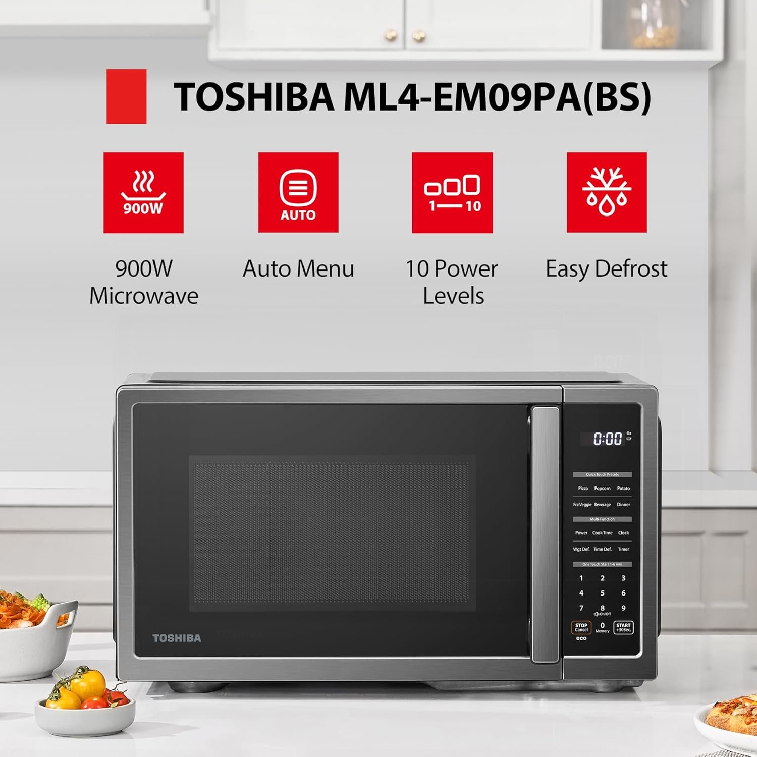 TOSHIBA ML4-EM09PA(BS) Small Countertop Microwave Oven with 6 Auto Menus, Mute Function, Child Lock, Kitchen Essentials for Dorm, 0.9 Cu Ft, 10.6 Inch Removable Turntable, 900W, Black Stainless Steel - Image 4