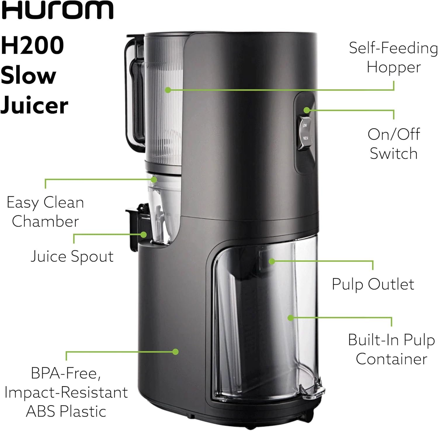 Hurom H200 Easy Clean Slow Juicer, Matte Black | Hands Free | Hopper Fits Whole Produce | Quiet Motor | Scrub Free Cleaning | BPA Free | Easy Assembly | Healthy Living | Cold Press Masticating Juicer - Image 8