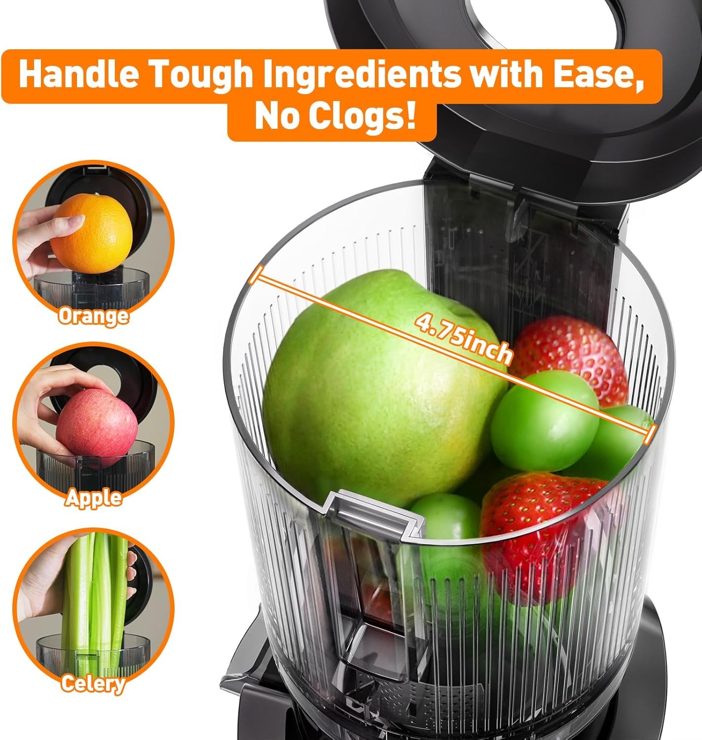 Juicer Machine, Cold Press Juicer with 4.8" Wide Chute, Slow Masticating for Whole Vegetables & Fruits - Image 3