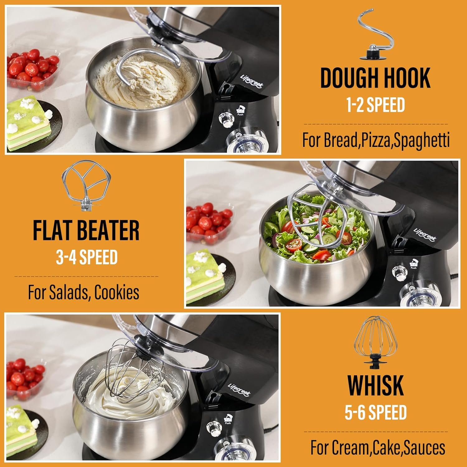 Stand Mixer, 5.3Qt 660W, 6-Speed Tilt-head Food Mixer, Electric Kitchen Portable Lightweight Mixer with Stainless Steel Bowl, Dough Hook, Whisk, Beater(Red) - Image 4