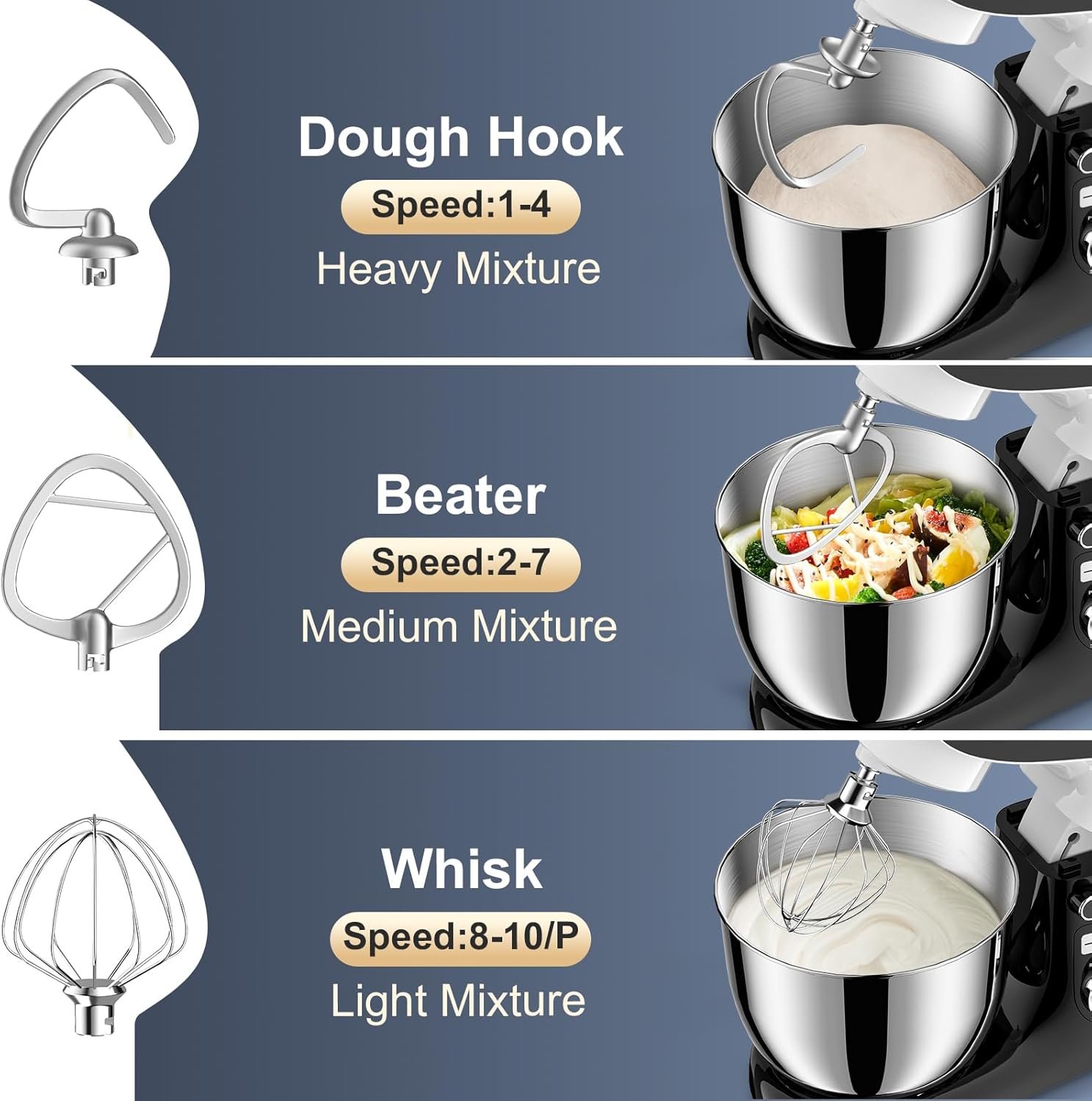 Stand Mixer, POWWA 6.5 QT 10 Speeds Tilt-Head Electric Stand Mixer, 3-In-1 Kitchen Mixer with Bowl, Dough Hook, Whisk and Beater, Food Mixer for Baking and Daily Use (Black White) - Image 4