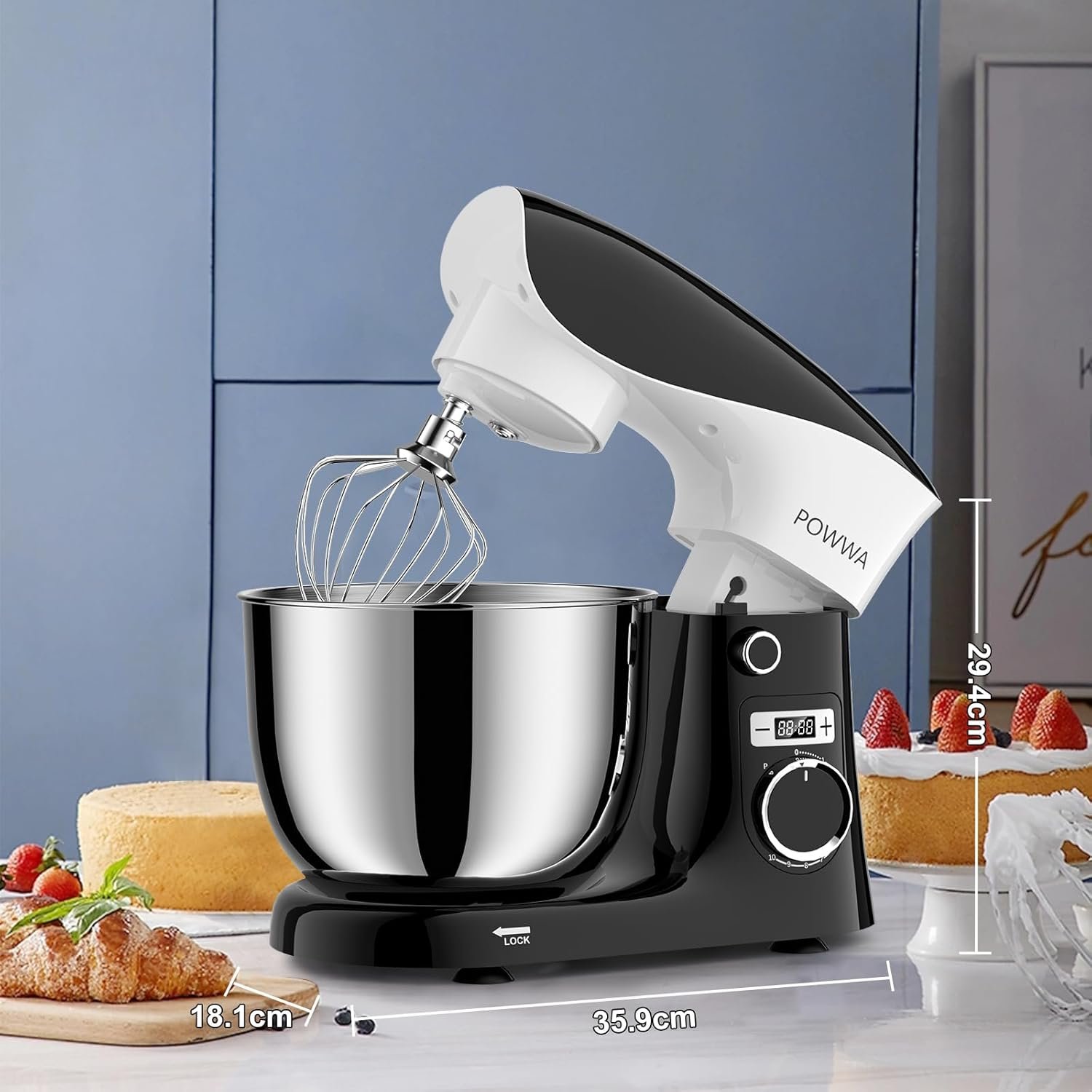 Stand Mixer, POWWA 6.5 QT 10 Speeds Tilt-Head Electric Stand Mixer, 3-In-1 Kitchen Mixer with Bowl, Dough Hook, Whisk and Beater, Food Mixer for Baking and Daily Use (Black White) - Image 7