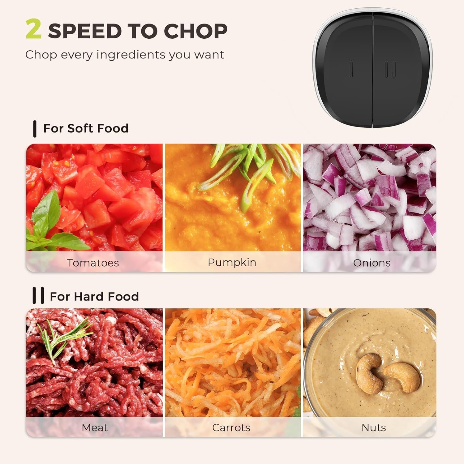 Syvio Food Processors with 2 Bowls, Meat Grinder 4 Bi-Level Blades, Mini Electric Food Chopper 450W, for Baby Food, Meat, Onion, Vegetables, 2 Speed, 8 Cup and 8 Cup - Image 5