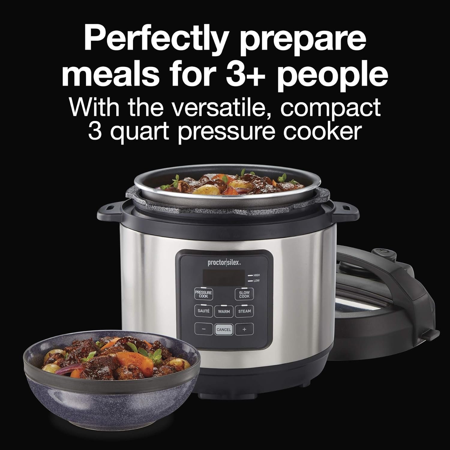 Proctor-Silex Simplicity 4-in-1 Electric Pressure Cooker, 3 Quart Multi-Function With Slow Cook, Steam, Sauté, Rice, Stainless Steel (34503) - Image 3