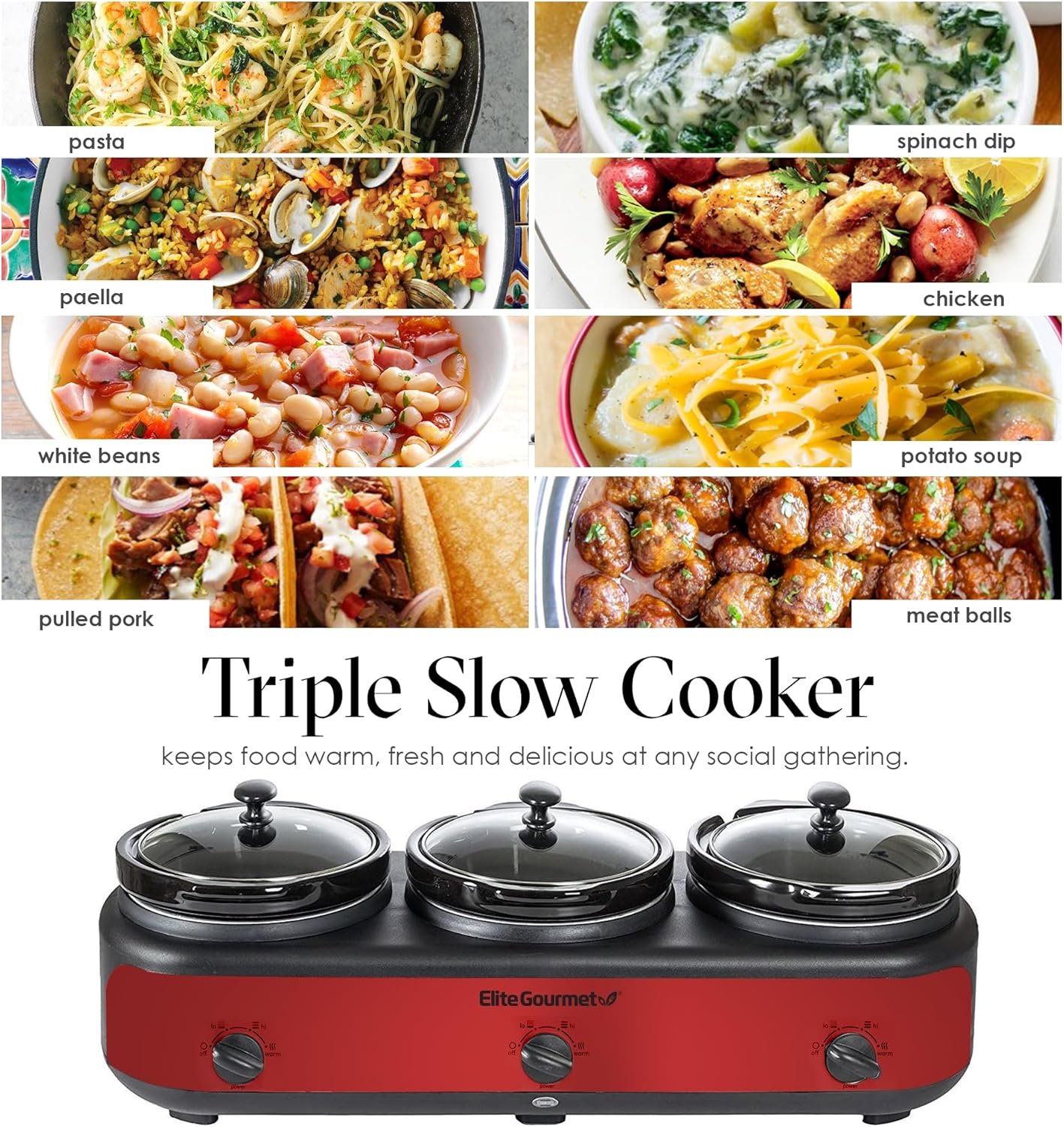 Elite Gourmet EWMST-325R Maxi-Matic Triple Slow Cooker Buffet Server Adjustable Temp Dishwasher-Safe Oval Ceramic Pots, Lid Rests, 3 x 2.5 Qt Capacity, Red - Image 6