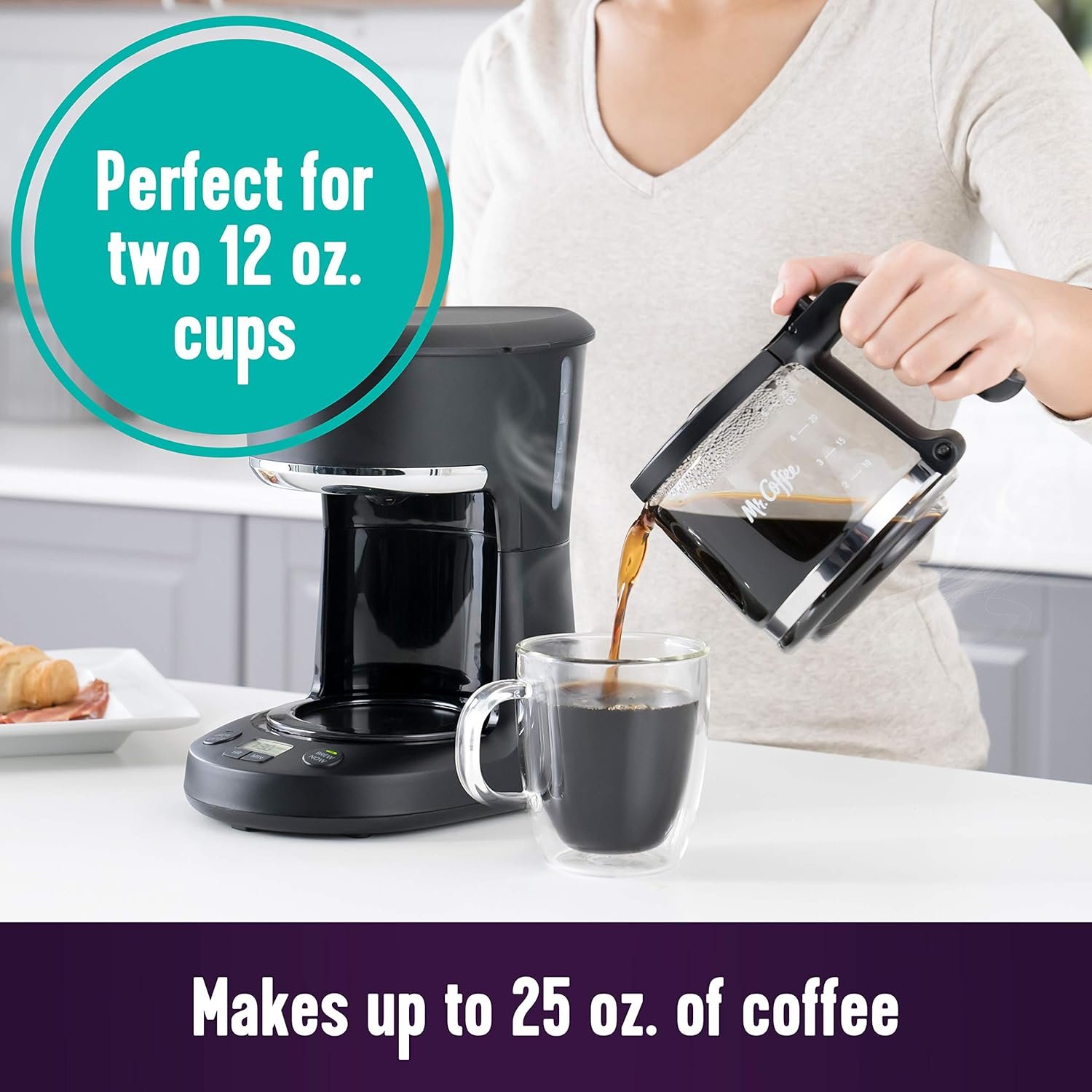 Mr. Coffee Programmable Coffee Maker, 5 Cups with Auto Pause, Glass Carafe, Compact Design, Black - Image 3