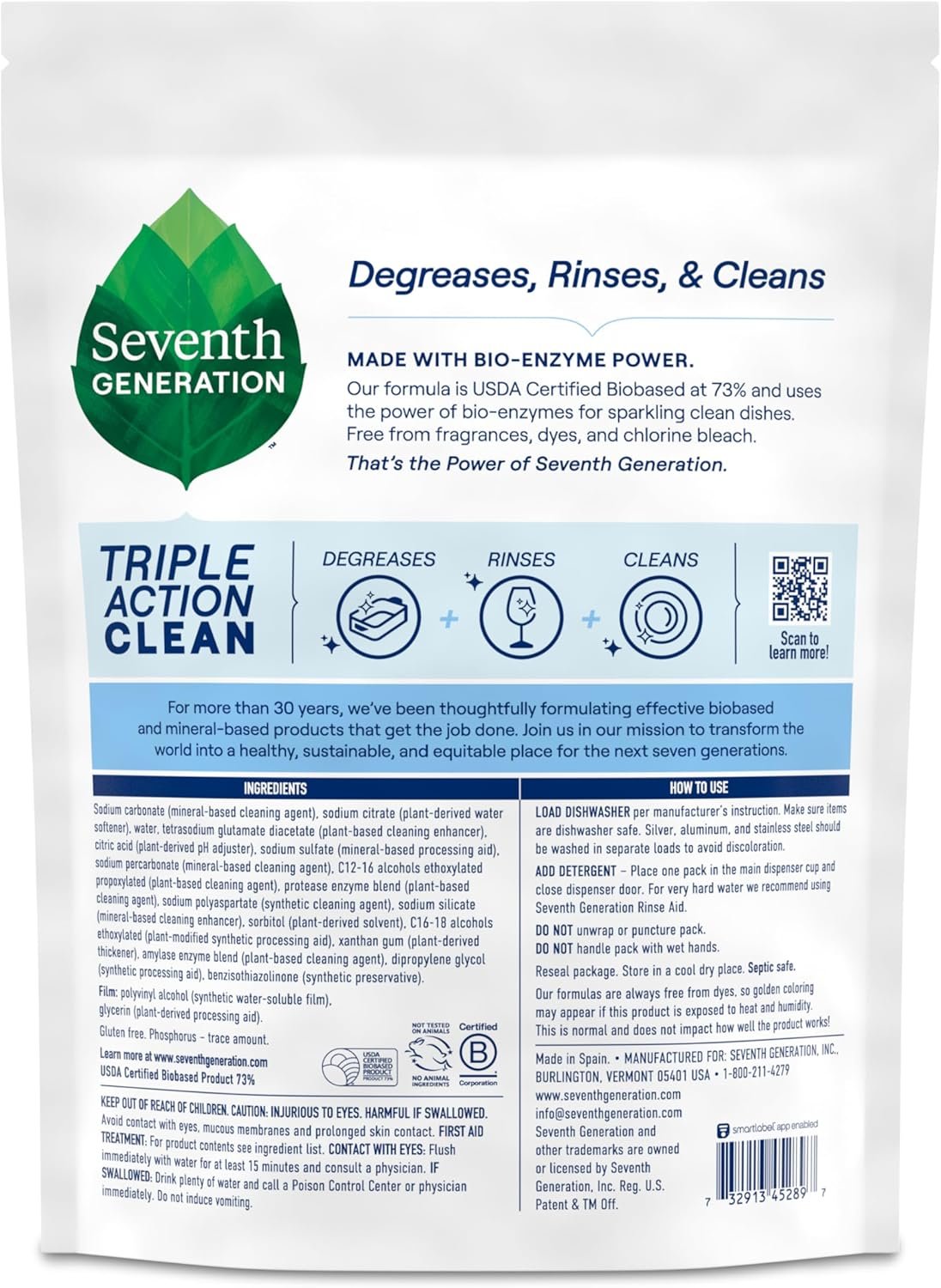 Seventh Generation Triple Action Clean Automatic Dishwasher Detergent Packs with Bio-Enzyme Power, Free & Clear, Fights 48-hour Stuck-on Food, 54 count - Image 3