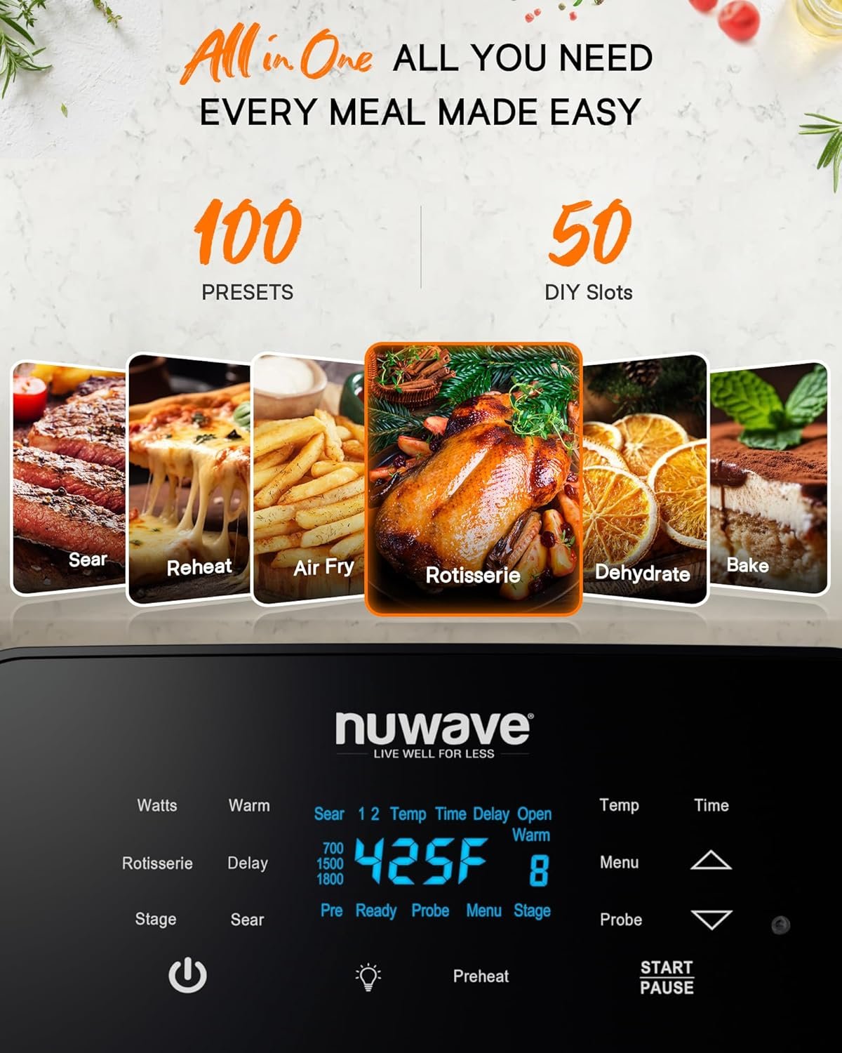 Nuwave Brio 15.5Qt Air Fryer Rotisserie Oven, X-Large Family Size, Powerful 1800W, 4 Rack Positions, 50°-425°F Temp Controls, 100 Presets & 50 Memory, Integrated Smart Thermometer, Linear T Technology - Image 3