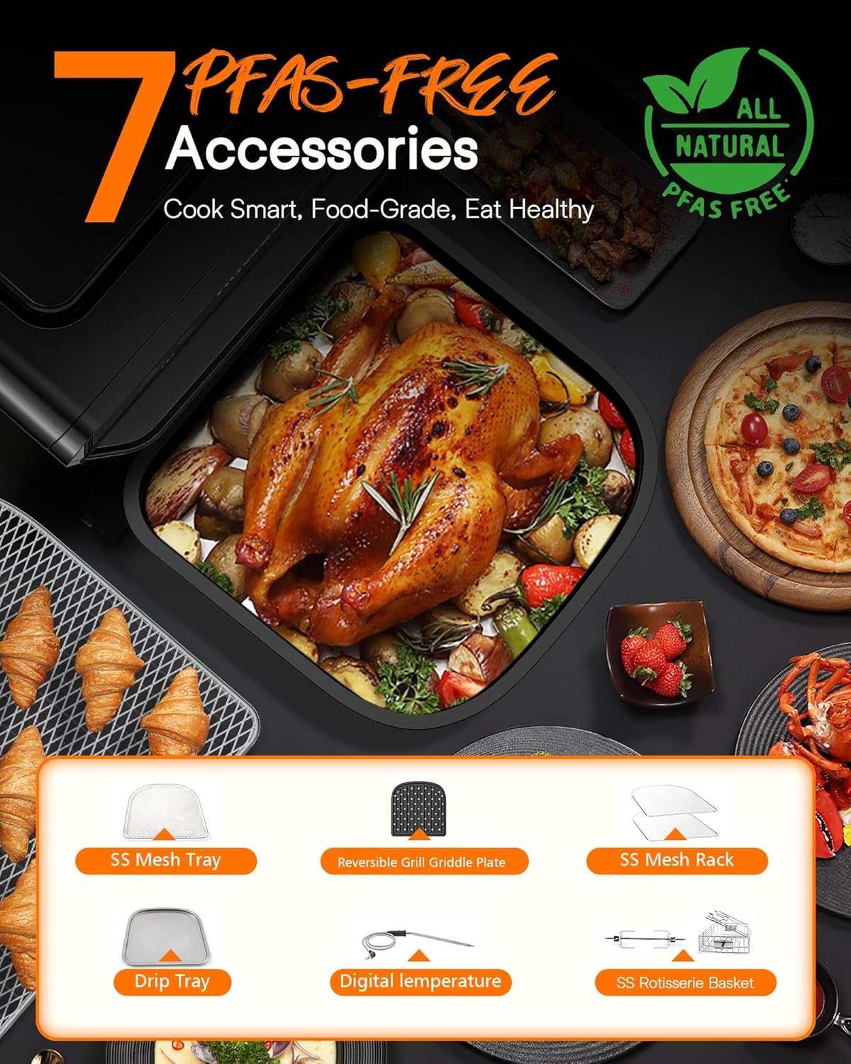 Nuwave Brio 15.5Qt Air Fryer Rotisserie Oven, X-Large Family Size, Powerful 1800W, 4 Rack Positions, 50°-425°F Temp Controls, 100 Presets & 50 Memory, Integrated Smart Thermometer, Linear T Technology - Image 8