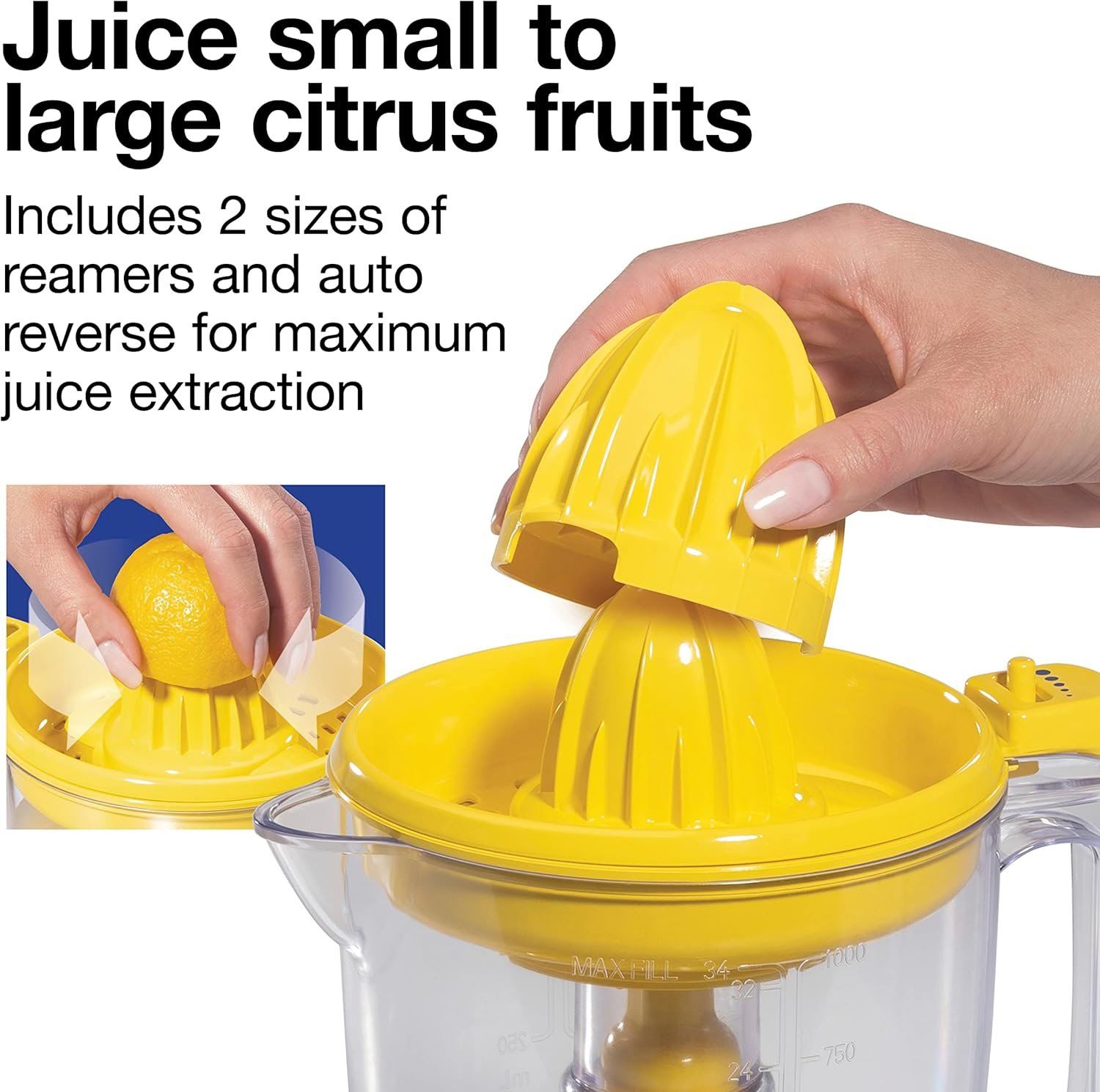 Proctor Silex Alex's Lemonade Stand Electric Citrus Juicer Machine and Squeezer, for Lemons, Limes and Oranges, 34 oz, Includes 2 Reamers & Recipe Book, Yellow (66341) - Image 6