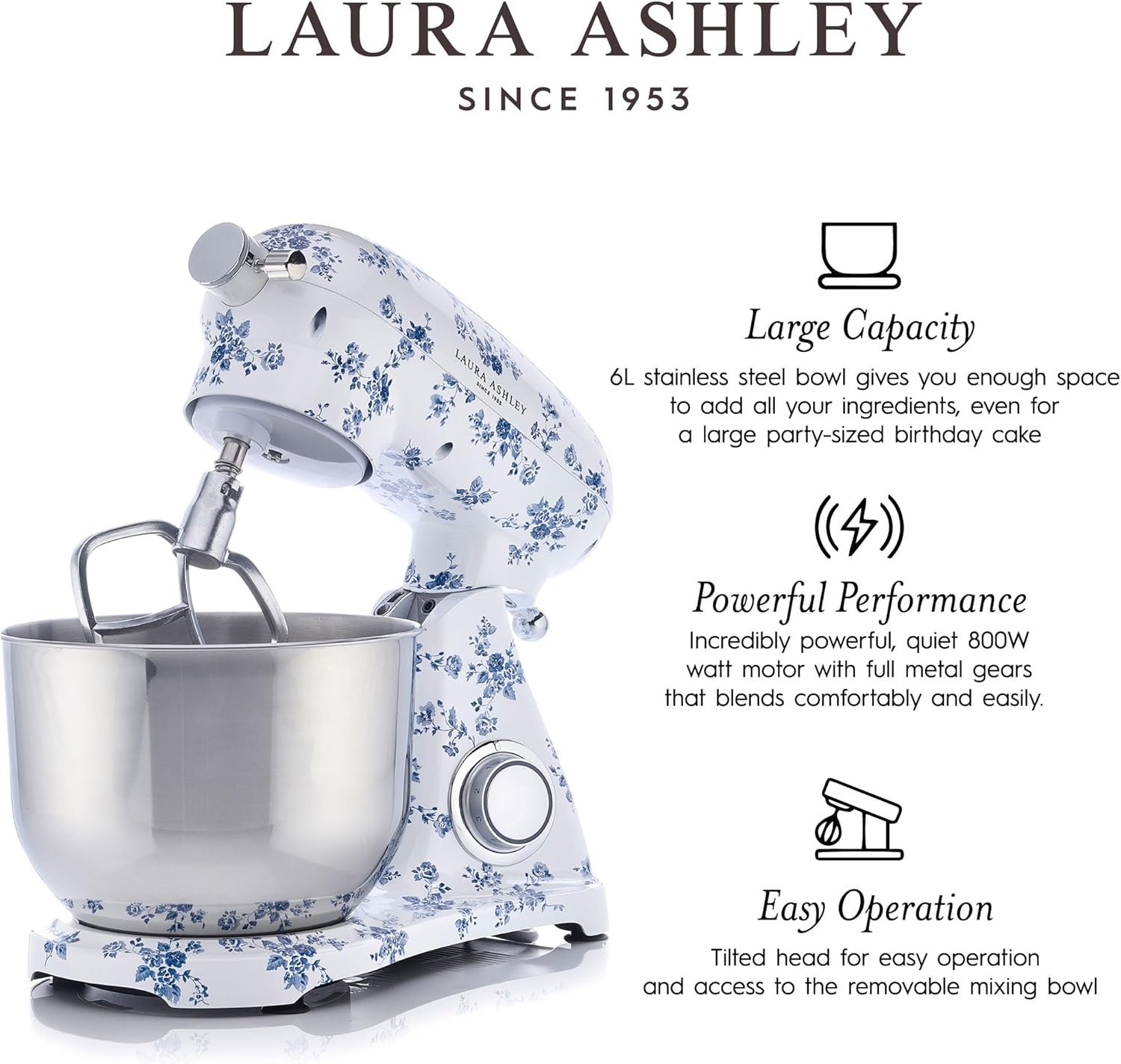 Laura Ashley 4.8 Quarts Electric Stand Mixer with Attachments - 380W Easy to use Countertop Kitchen Mixer with Bowl -Cake, Dough Mixer Machine with Dough Hook, Beater, Egg Whisk & Handy Splash Cover - Image 7